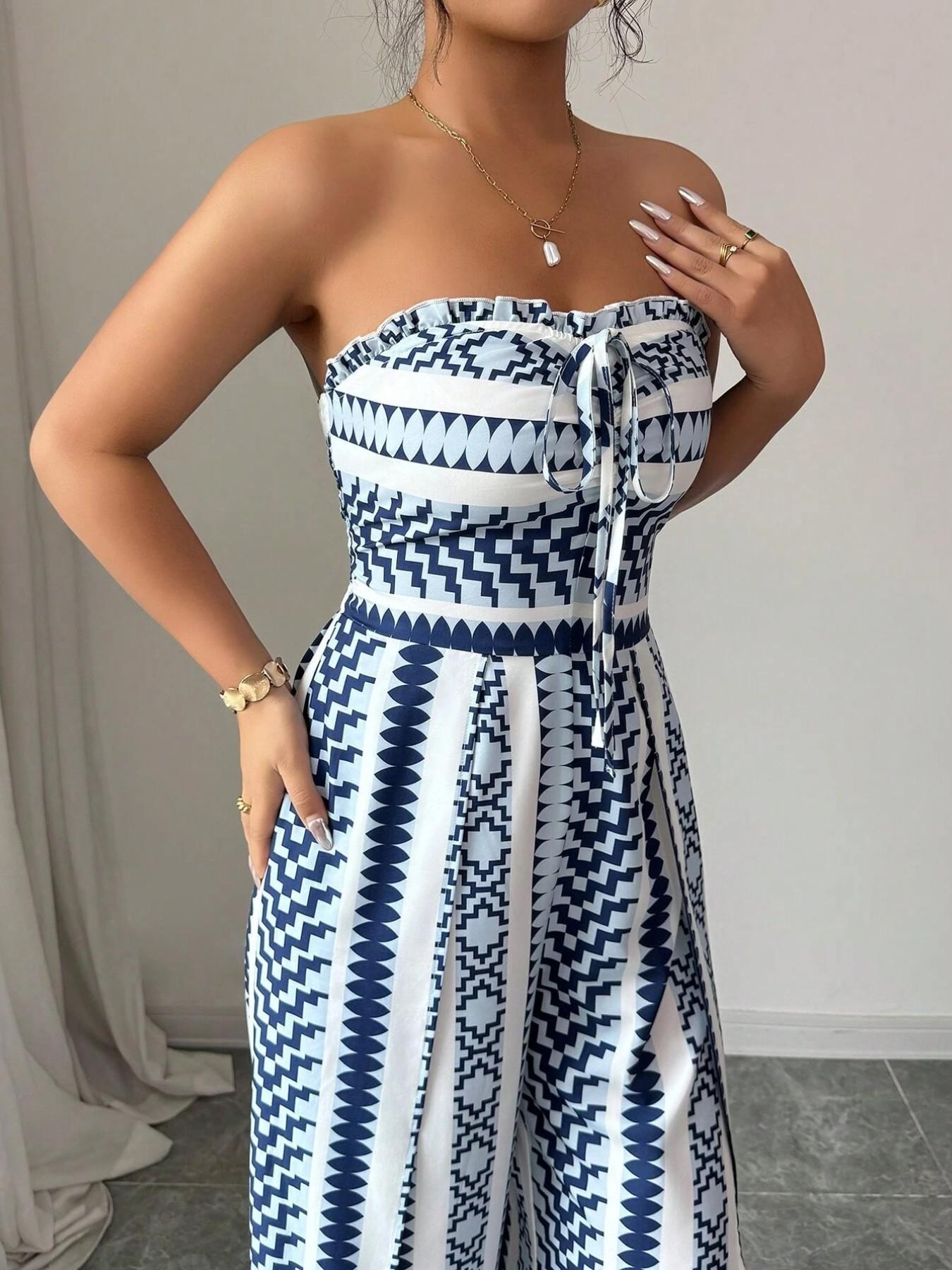👗💙 Geometric Jumpsuit with Halter Neckline & Side Slit – 50% OFF! Perfect for Beach, Office & Evening. 🔥✨