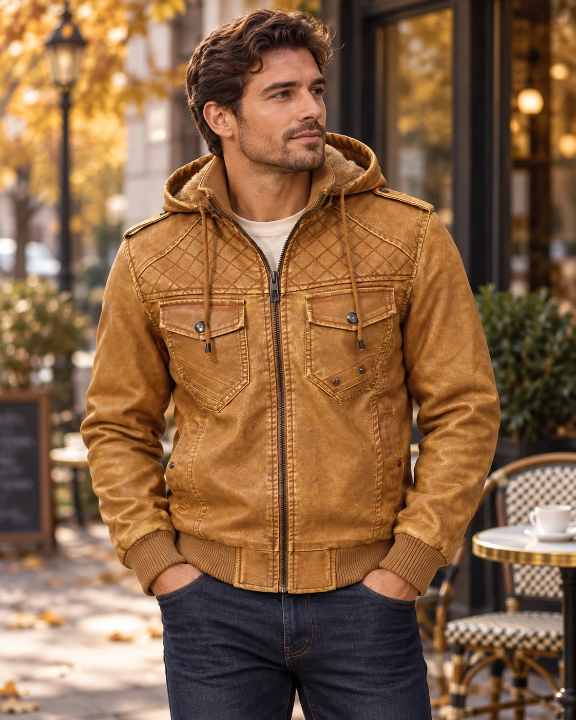 Tan quilted-shoulder hooded jacket worn on a city street, styling visualization