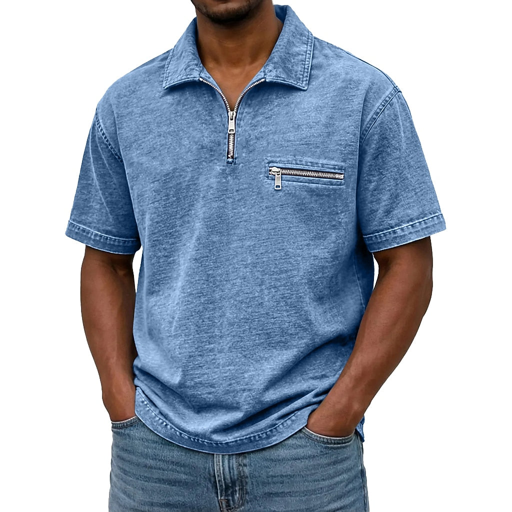 Washed Cotton Quarter Zip Ribbed Polo