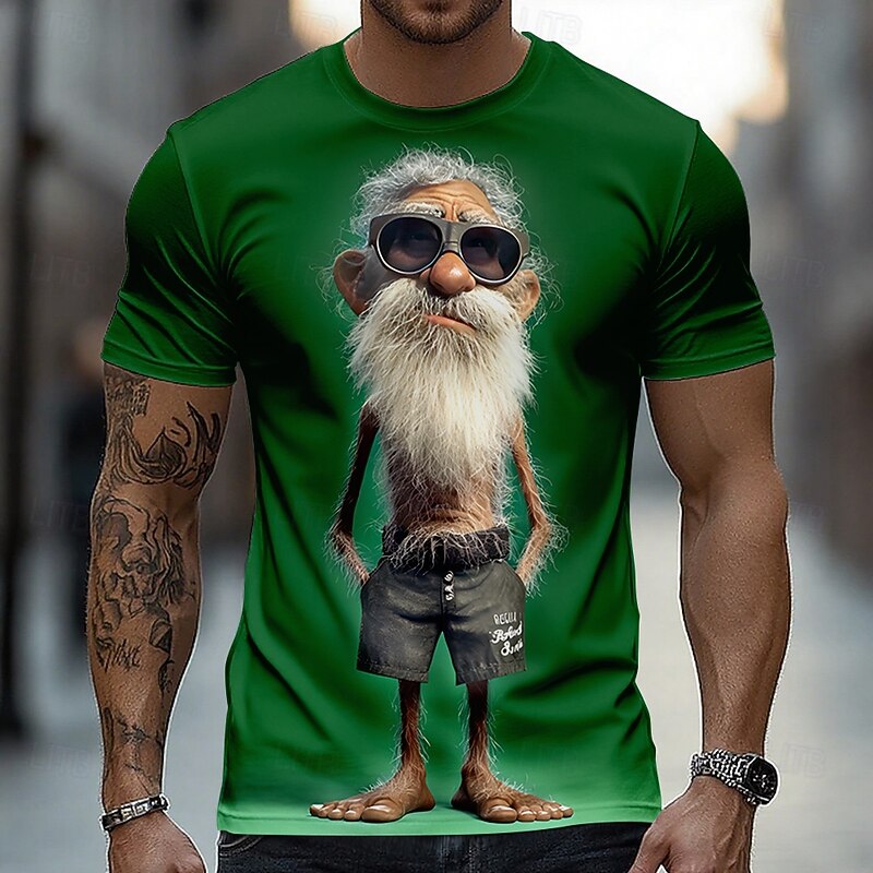 Funny 3D Graphic Cool Old Man with White Beard & Sunglasses Men's Teal T-Shirt - Quirky Grandpa Caricature Design Short Sleeve Crew Neck Summer Beach Holiday Tee - Unique Father's Day Gift Apparel