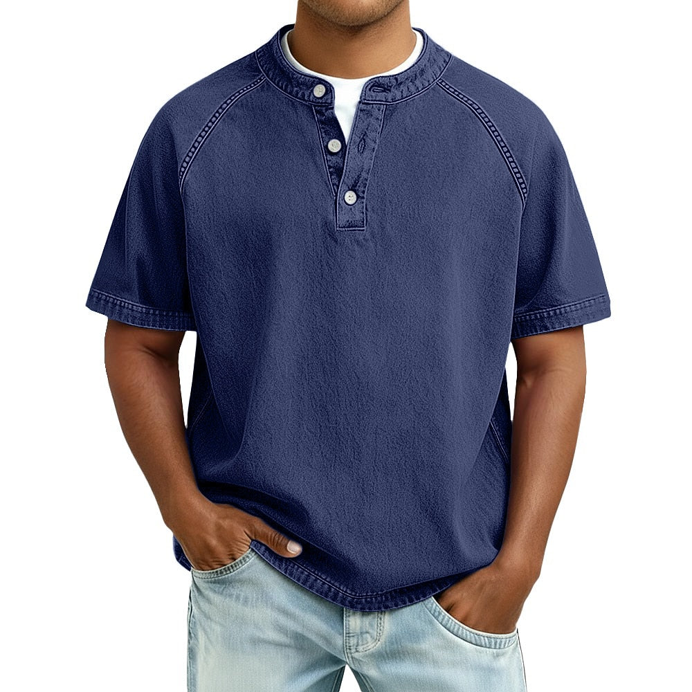 Vintage Feel Broken-in Cotton Henley - Royal Blue XL