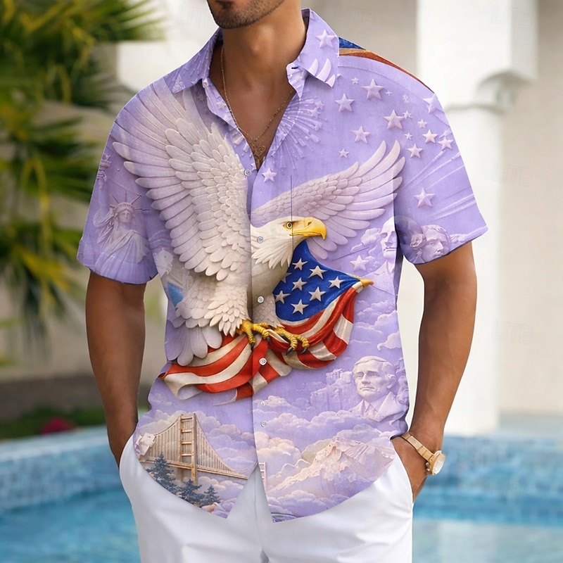 Men's Eagle US Flag America's 250th Anniversary Button Up Shirt Short Sleeve Patriotic Collared