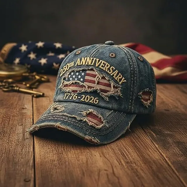 Men's USA 250th Anniversary Distressed Denim Baseball Cap | Embroidered US Flag Patriotic Trucker Hat