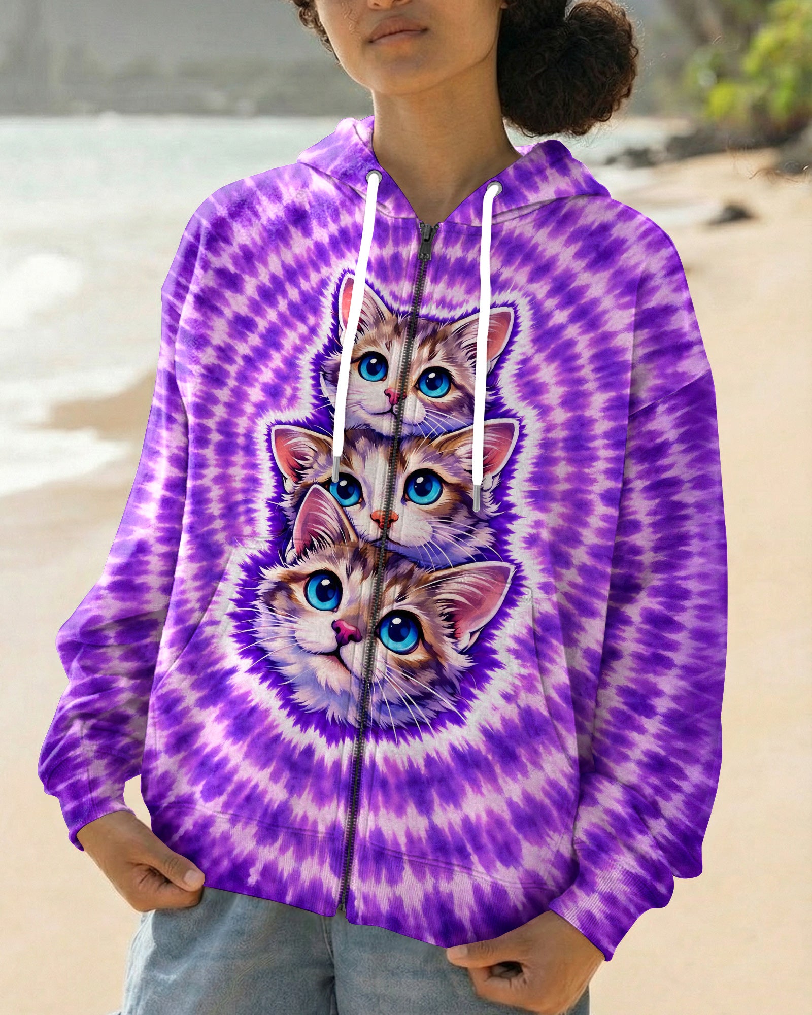 THREE CAT FACE PURPLE SWIRL ALL OVER PRINT - TLHG1703263