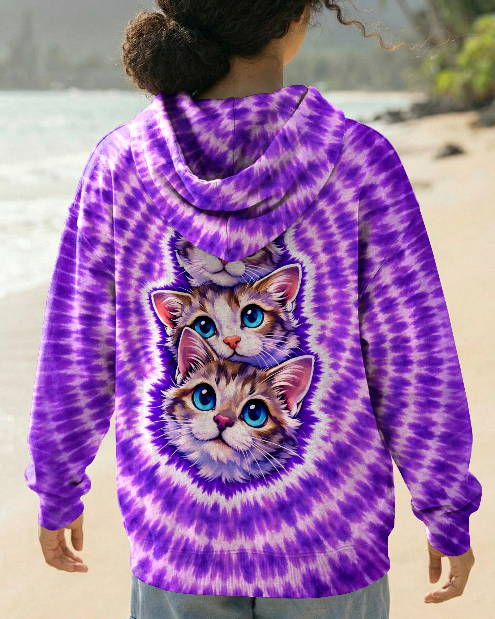 THREE CAT FACE PURPLE SWIRL ALL OVER PRINT - TLHG1703263