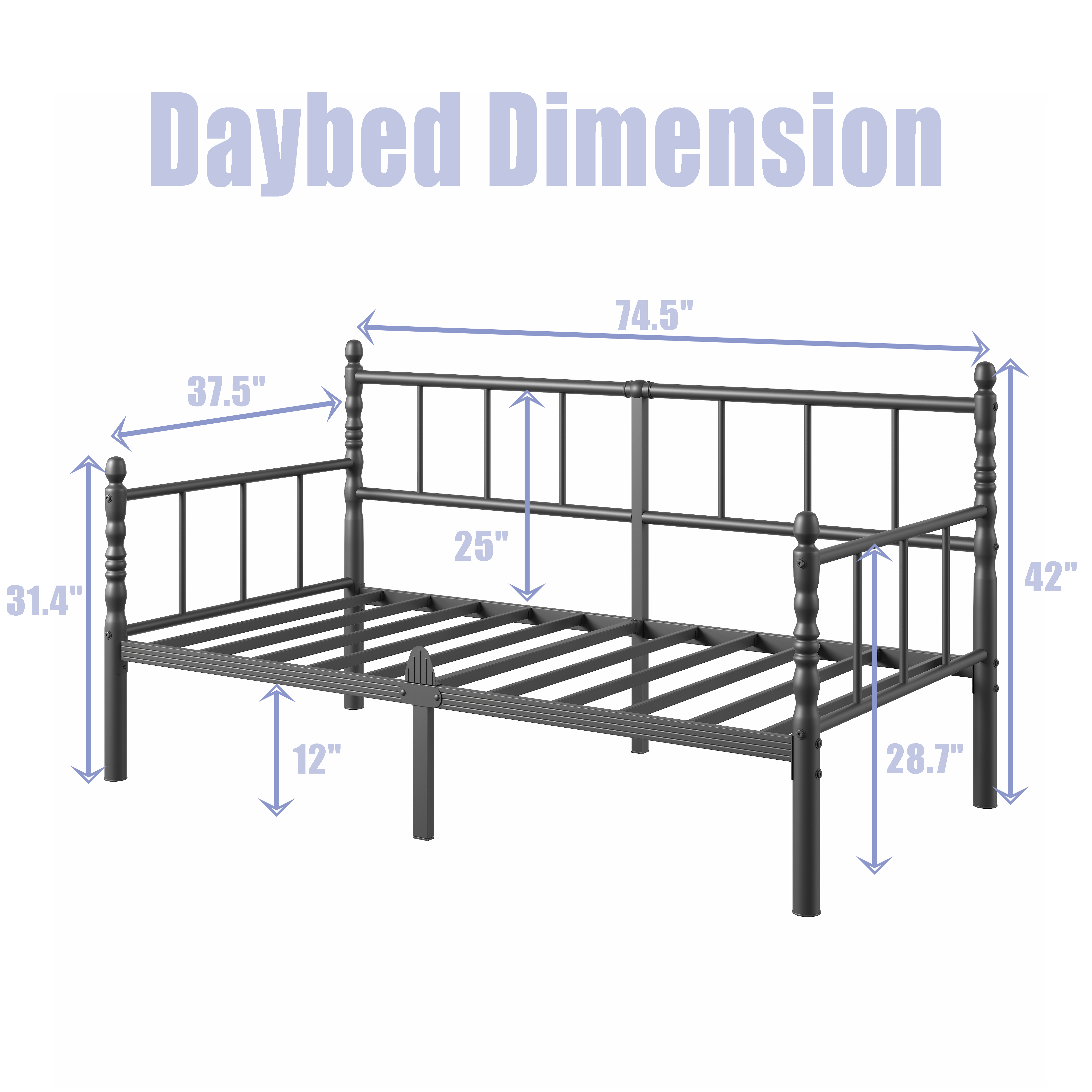 RLDVAY 14" Metal Daybed Frame, Sturdy Construction, Metal Slats Support, Twin Size, Black