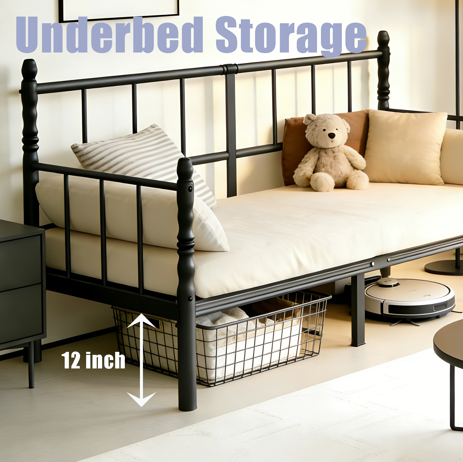 RLDVAY 14" Metal Daybed Frame, Sturdy Construction, Metal Slats Support, Twin Size, Black