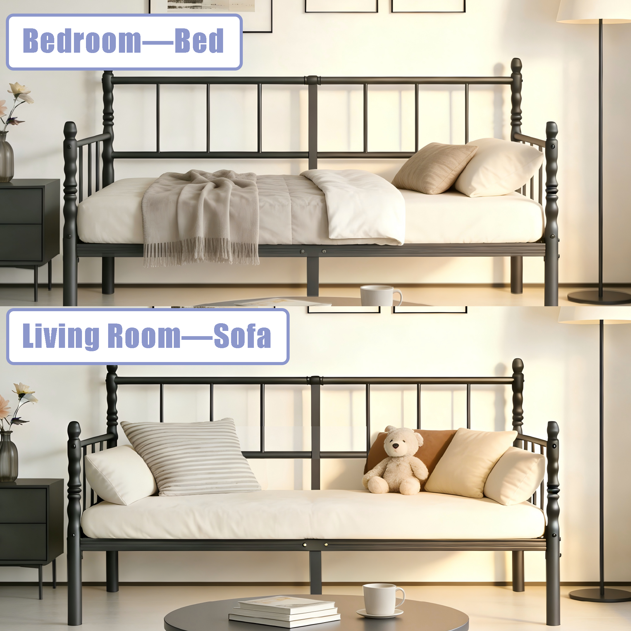 RLDVAY 14" Metal Daybed Frame, Sturdy Construction, Metal Slats Support, Twin Size, Black