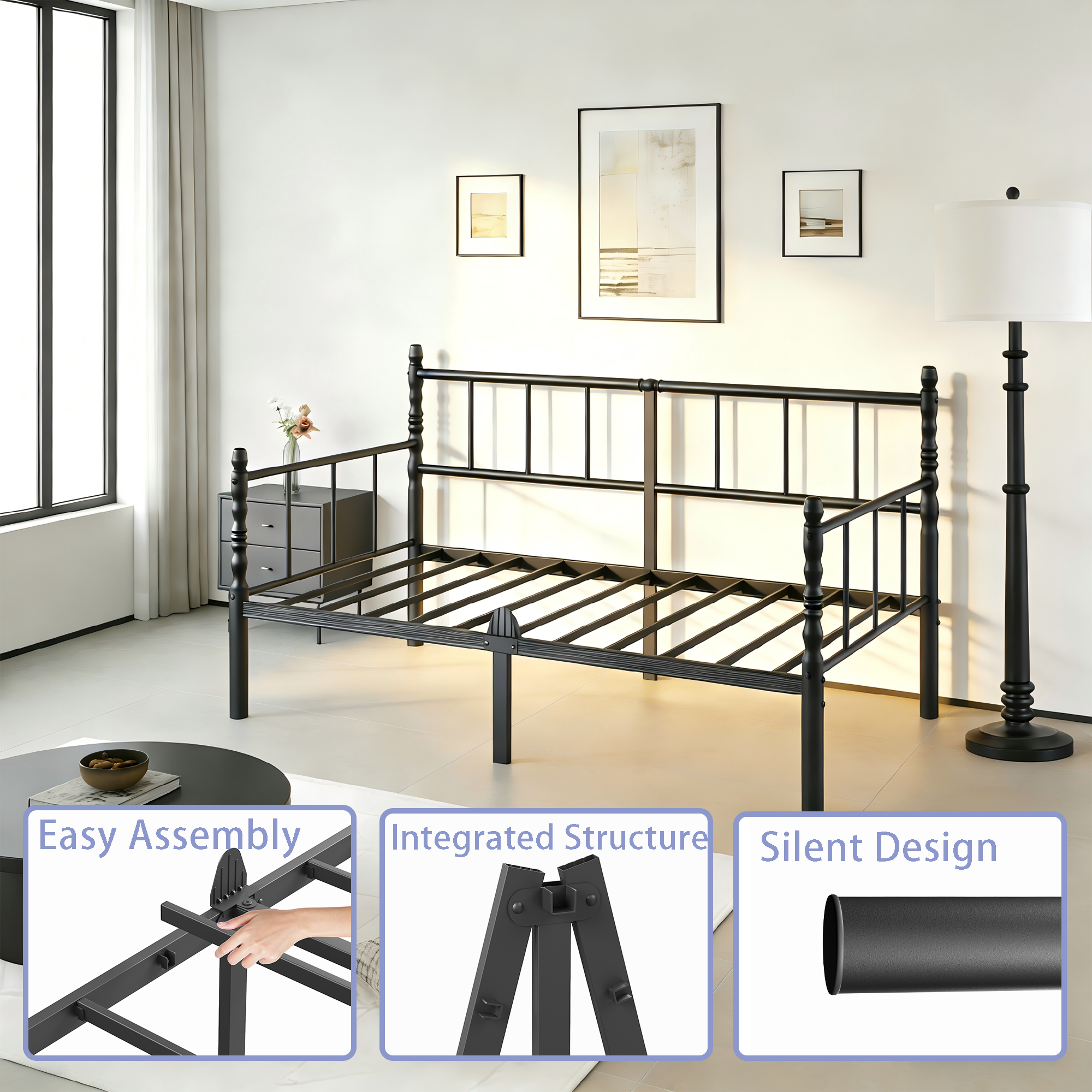 RLDVAY 14" Metal Daybed Frame, Sturdy Construction, Metal Slats Support, Twin Size, Black