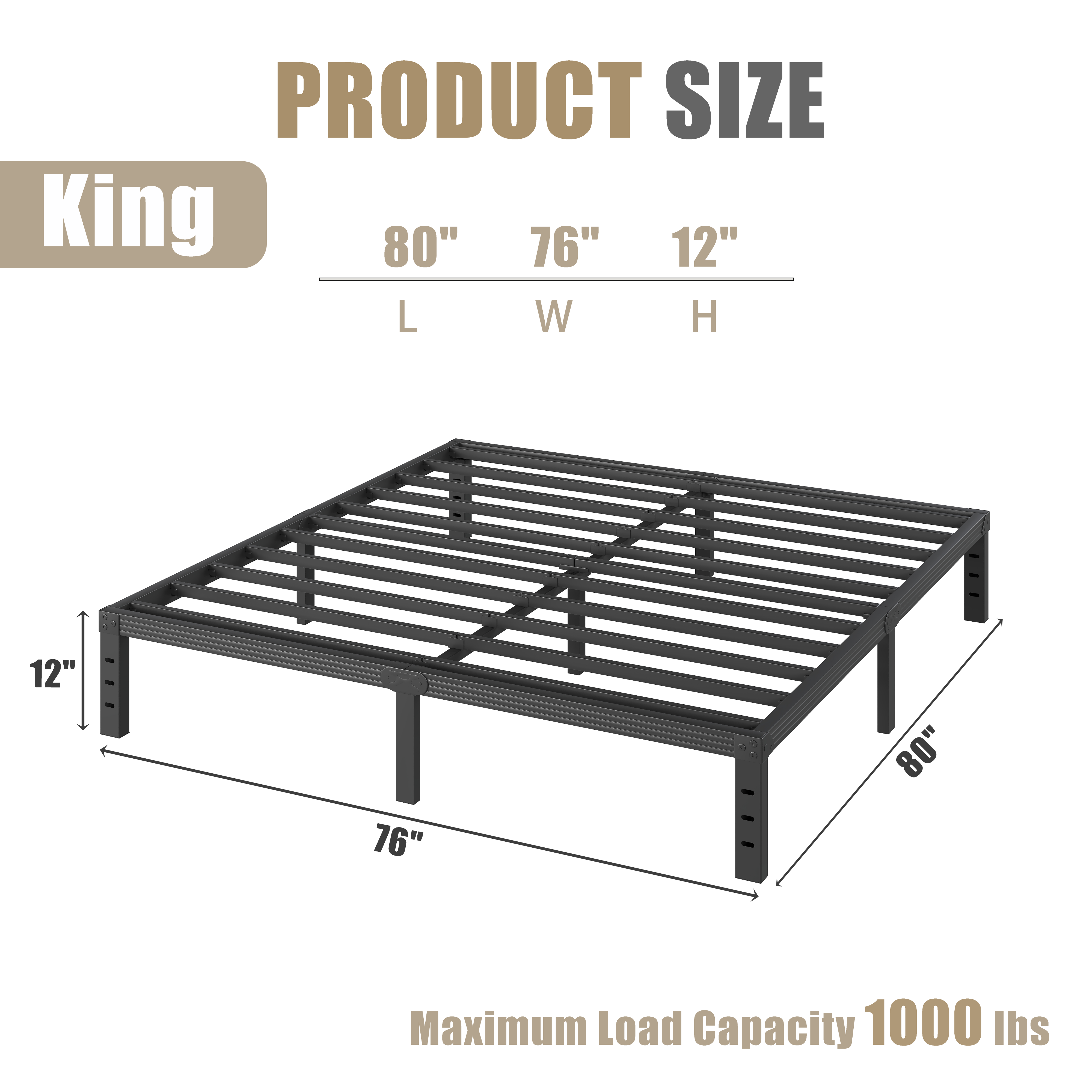 RLDVAY 12 inch King Bed Frame,Heavy Duty Metal Platform,No Box Spring Needed,Noise-free,Easy Assembly