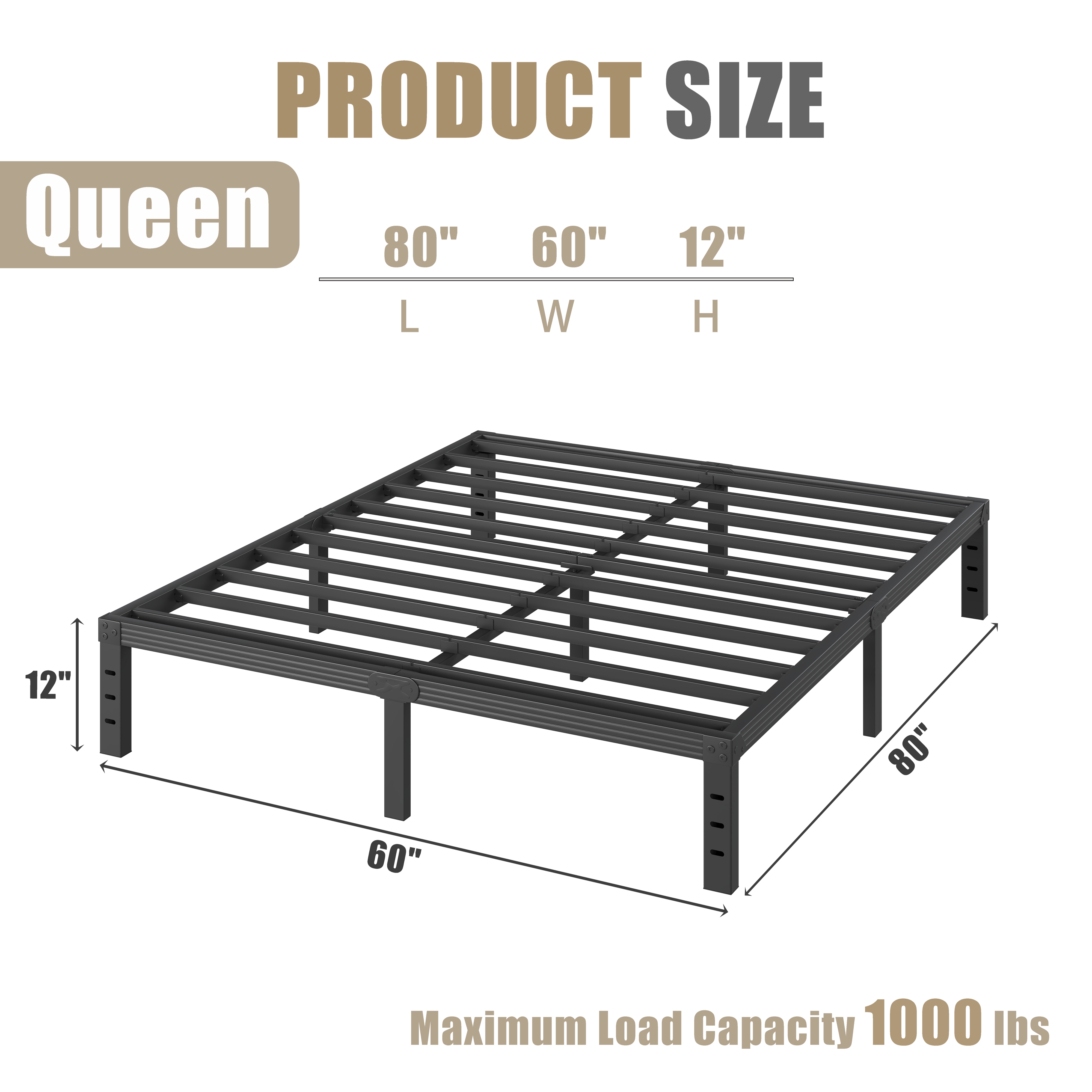 RLDVAY 12 inch Queen Bed Frame,Heavy Duty Metal Platform,No Box Spring Needed,Noise-free,Easy Assembly