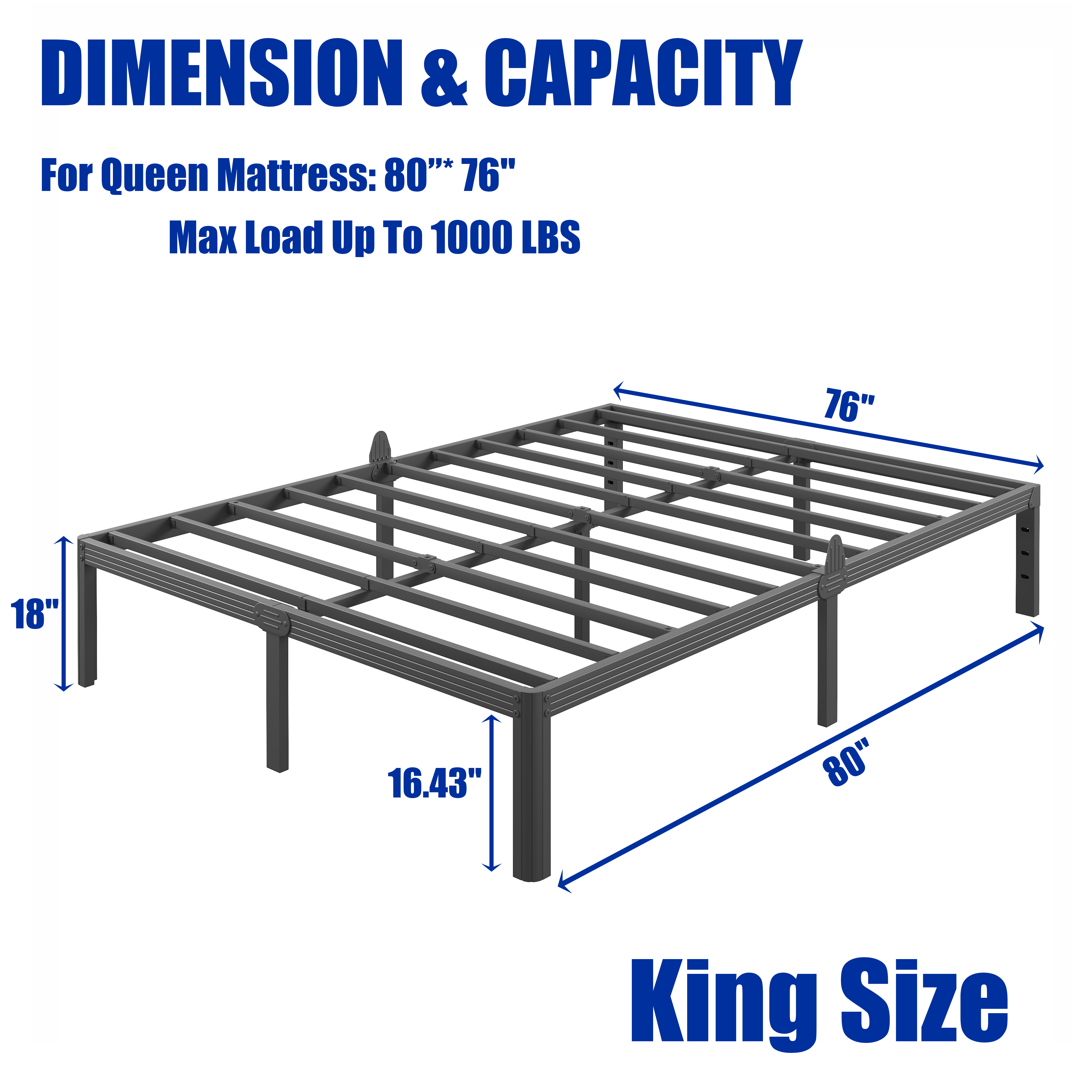 RLDVAY 18 Inch King Heavy Duty Metal Bed Frame,No Box Spring Needed,Rounded Conrer Design,Easy Assembly, Black