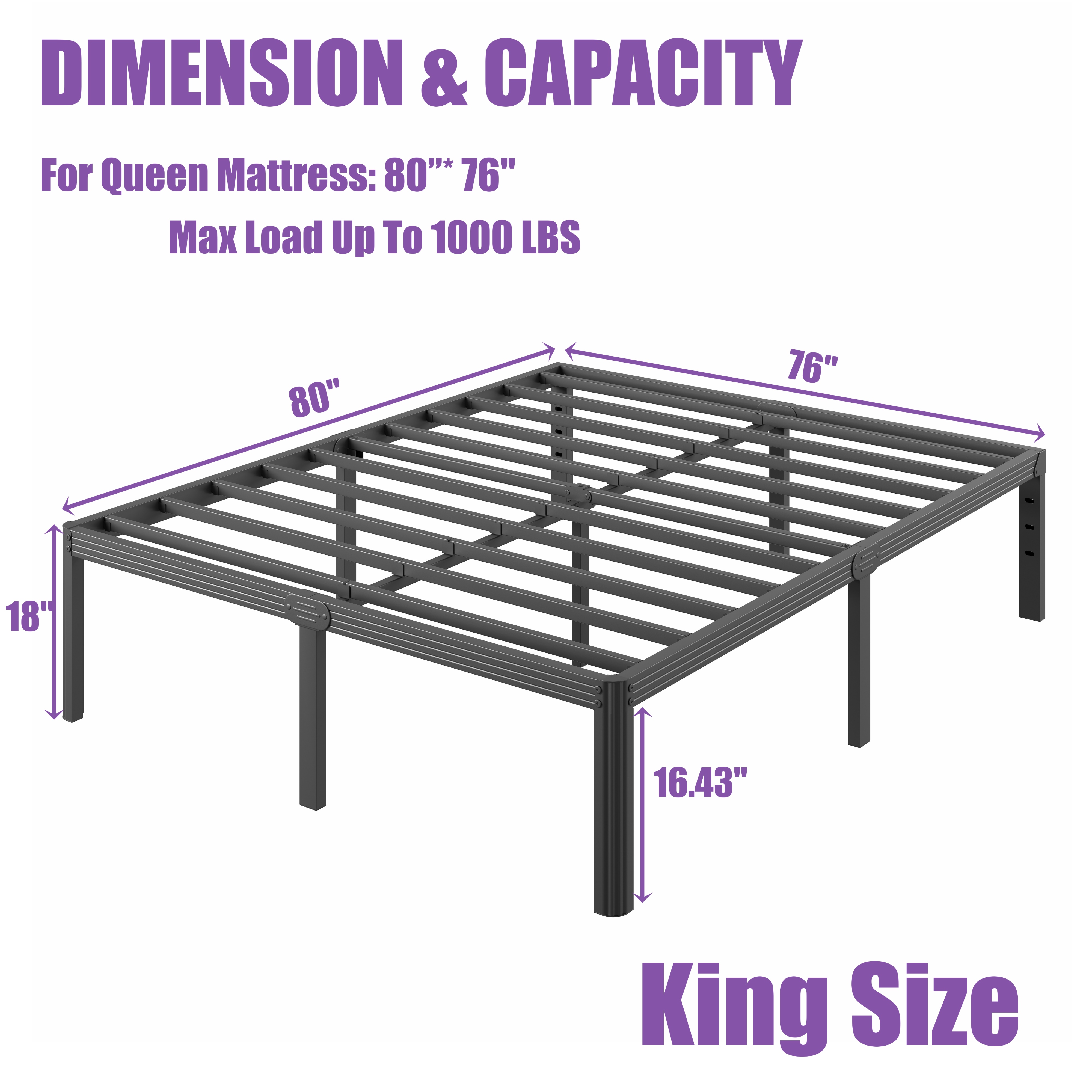 RLDVAY 18 Inch King Heavy Duty Metal Bed Frame,No Box Spring Needed,Rounded Conrer Design,Easy Assembly, Black