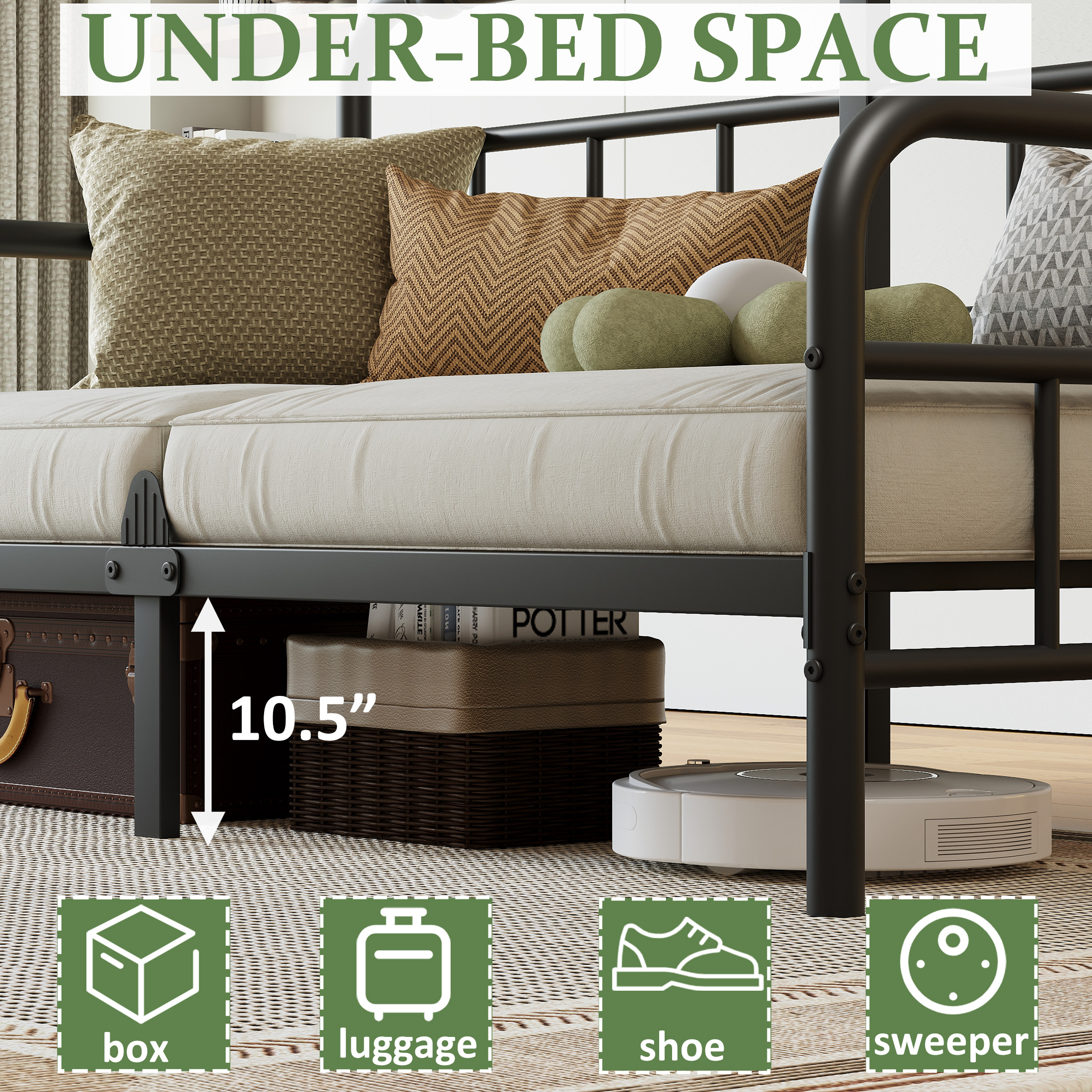 NESLIME 12 inch Twin Size Metal Daybed Frame, Twin Sofa Daybed Frame with Mattress Non-Slip Stoppers, Metal Slats Support