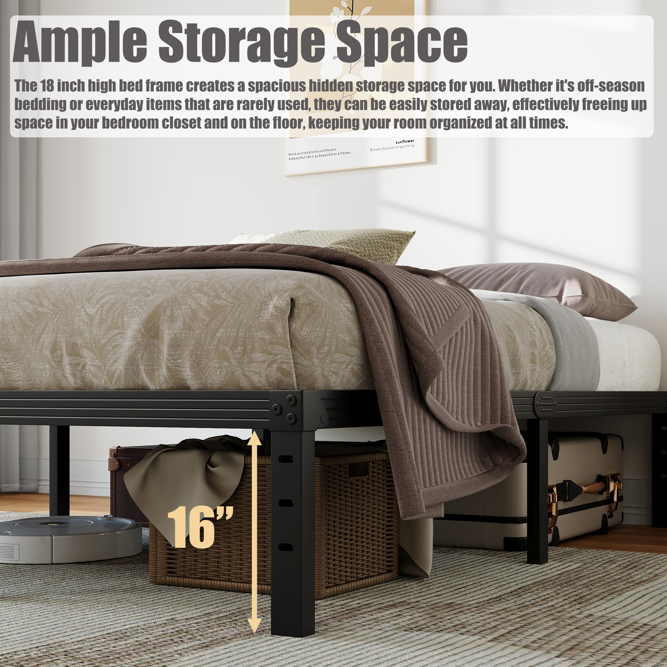 NESLIME 18 inch Queen Size Metal Bed Frame with Ample Storage Space, Heavy Duty Metal Platform, No Box Spring Needed