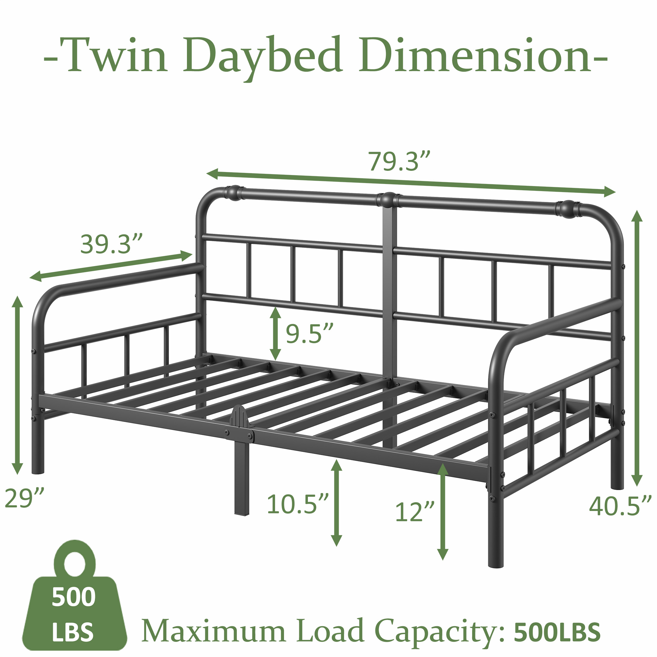 NESLIME 12 inch Twin Size Metal Daybed Frame, Twin Sofa Daybed Frame with Mattress Non-Slip Stoppers, Metal Slats Support