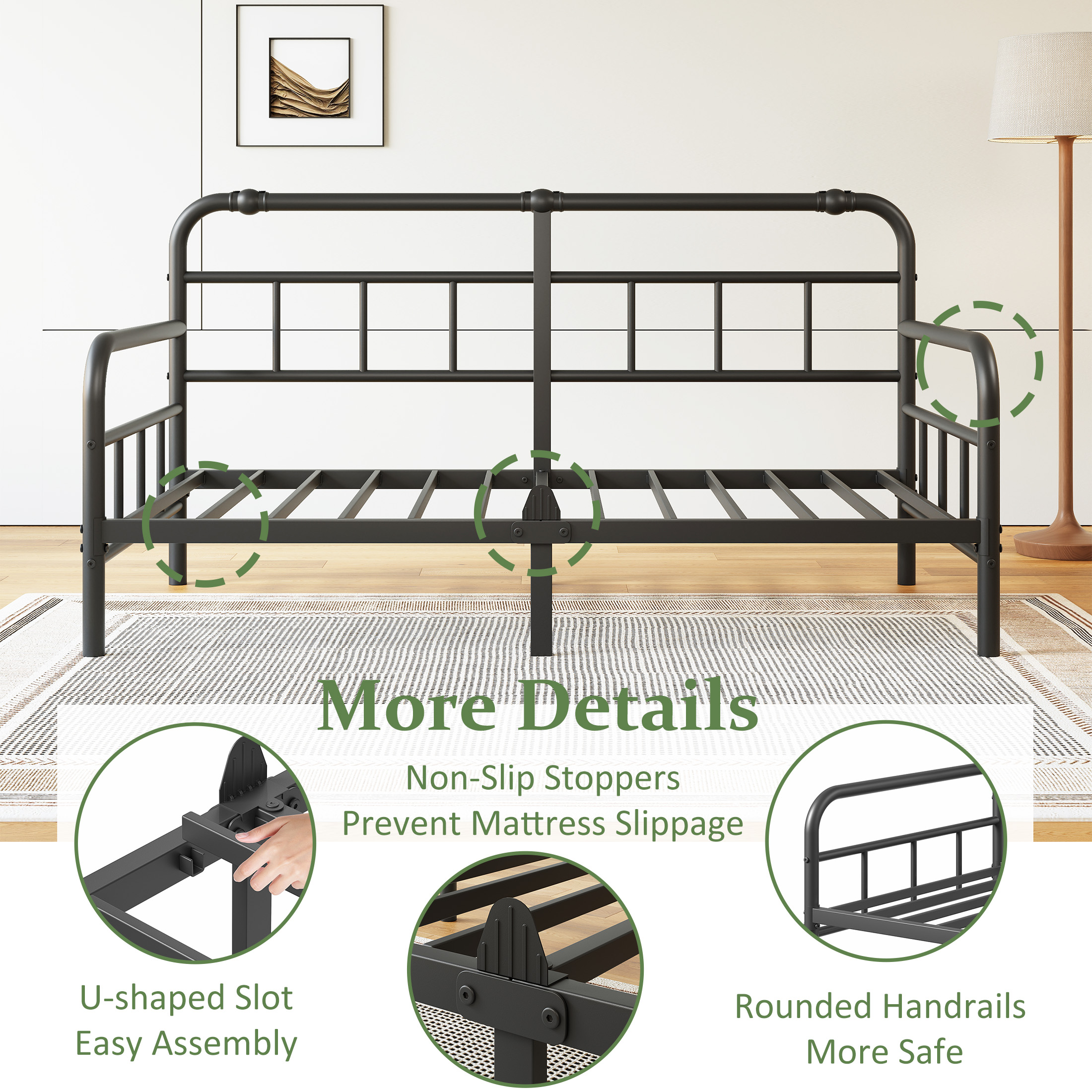 NESLIME 12 inch Twin Size Metal Daybed Frame, Twin Sofa Daybed Frame with Mattress Non-Slip Stoppers, Metal Slats Support