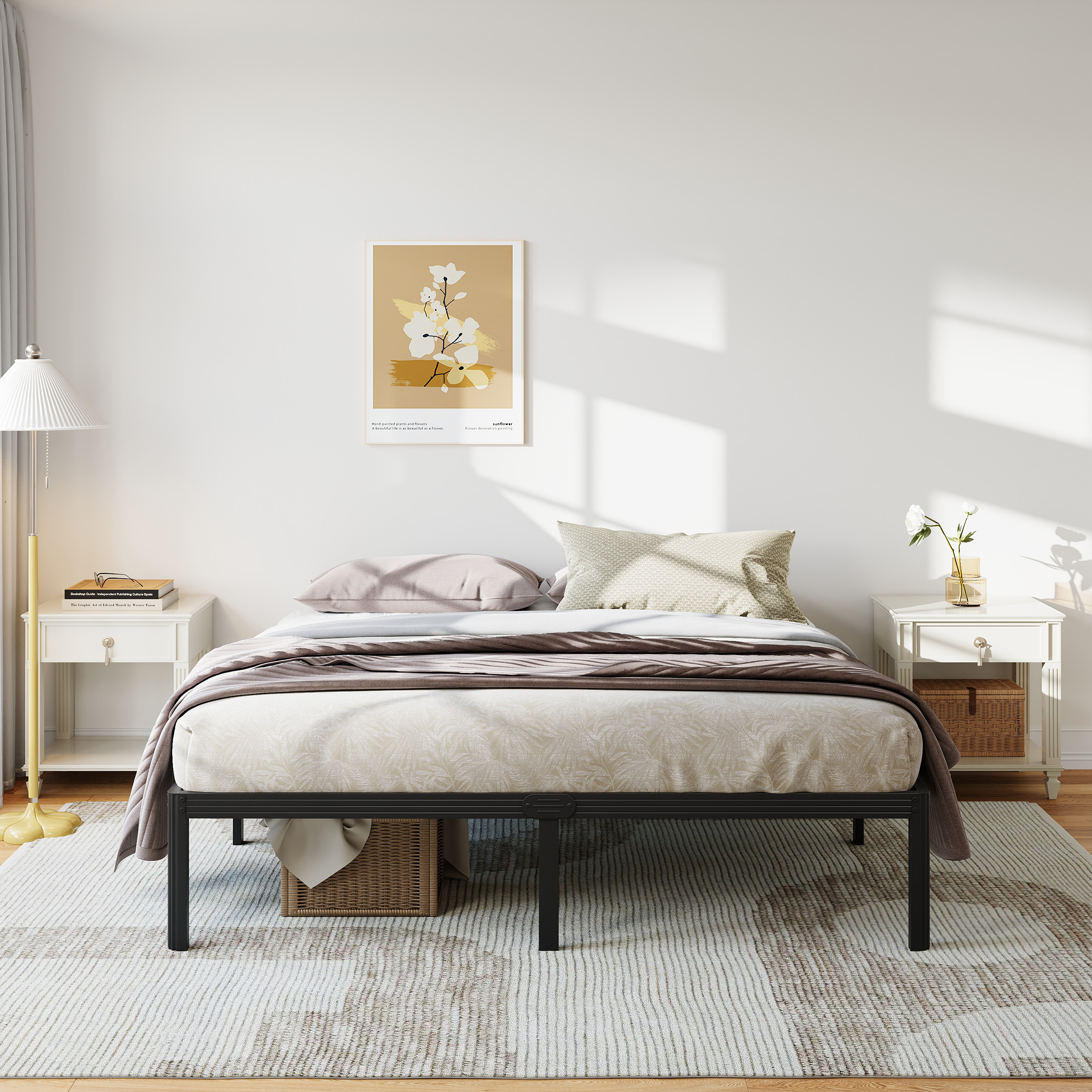 Neslime 16 inch California King Size Metal Platform with Rounded Corners, Heavy Duty Bed Frame, No Box Spring Needed, Black