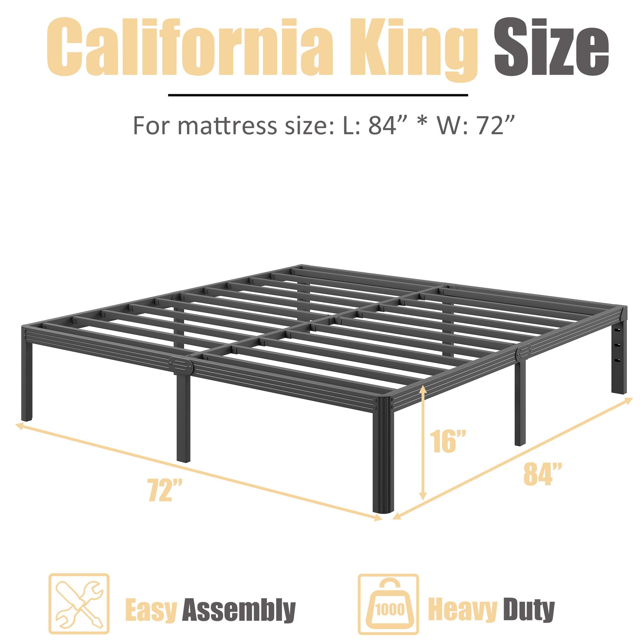 Neslime 16 inch California King Size Metal Platform with Rounded Corners, Heavy Duty Bed Frame, No Box Spring Needed, Black