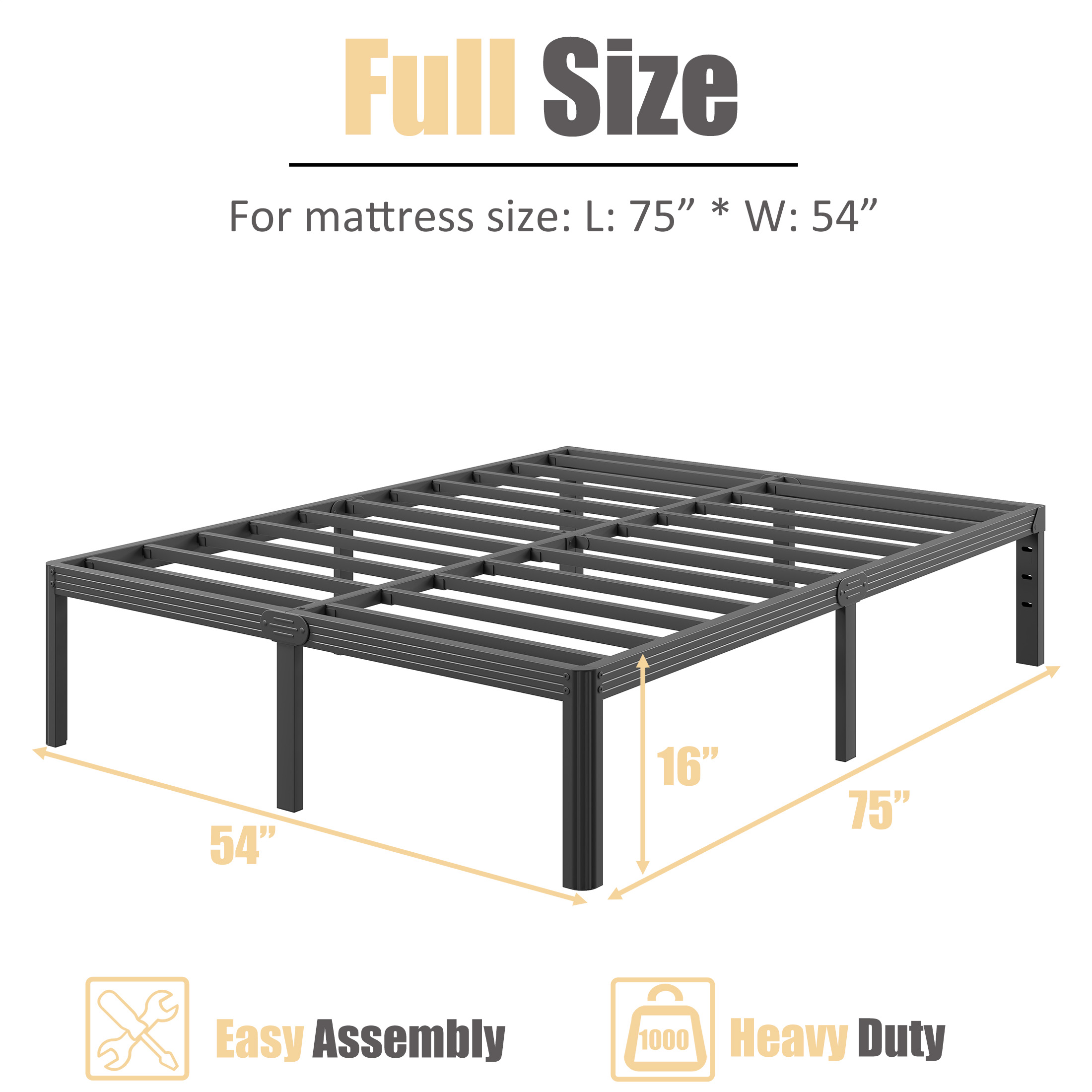 Neslime 16 inch Full Size Metal Platform with Rounded Corners, Heavy Duty Bed Frame, No Box Spring Needed, Black