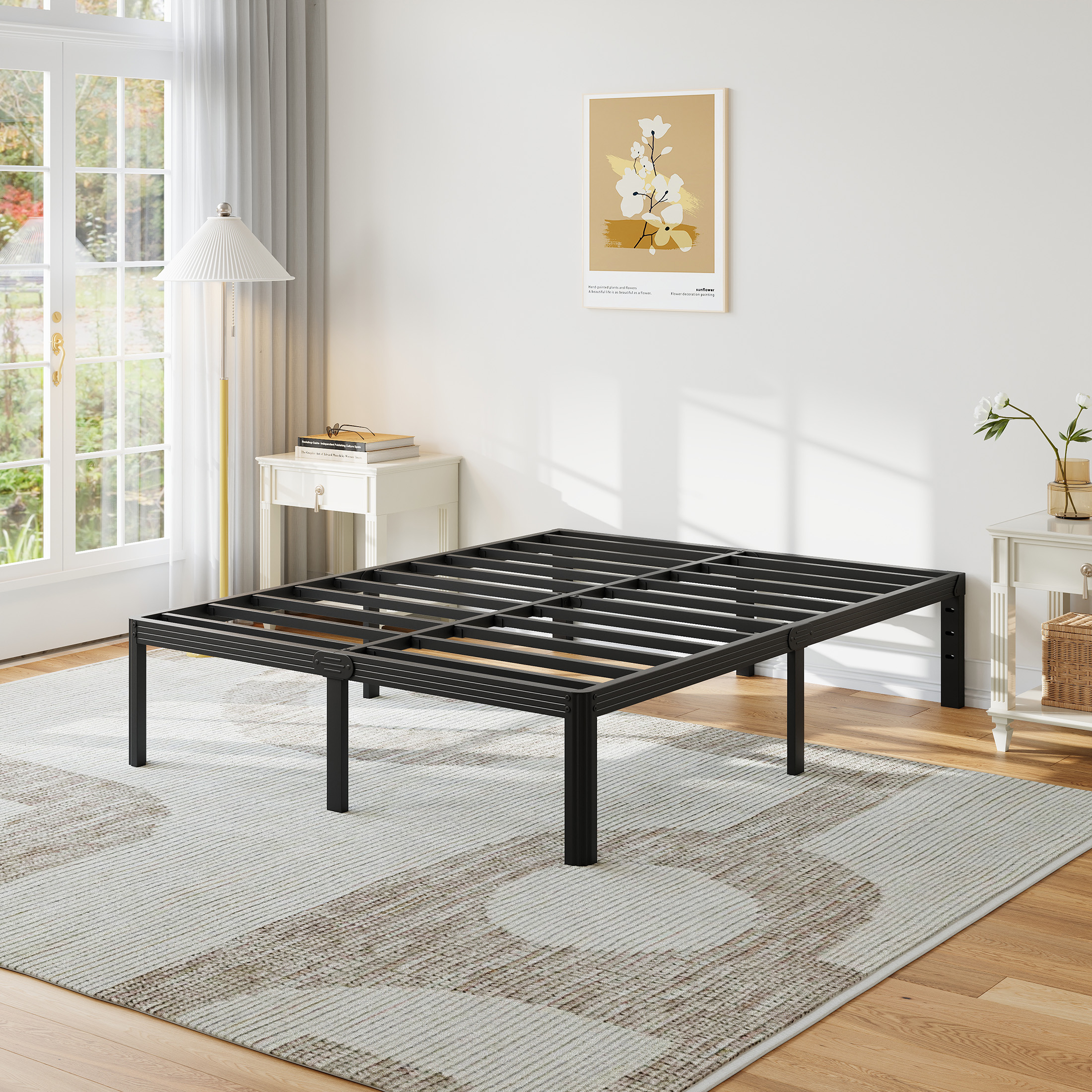 Neslime 16 inch Full Size Metal Platform with Rounded Corners, Heavy Duty Bed Frame, No Box Spring Needed, Black