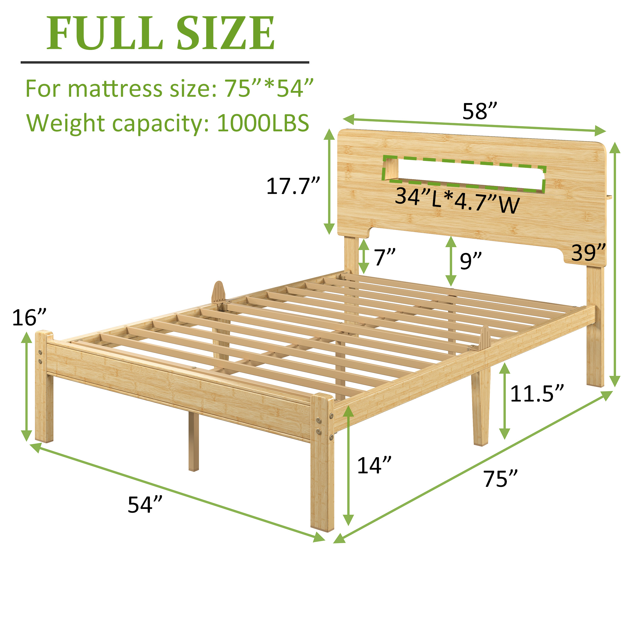 NESLIME 14 inch Full Size Bamboo Bed Frame with Storage Headboard, Full Heavy Duty Bed Frame with Mattress Non-Slip Stoppers, Metal Slats Support, Noise Free, Natural