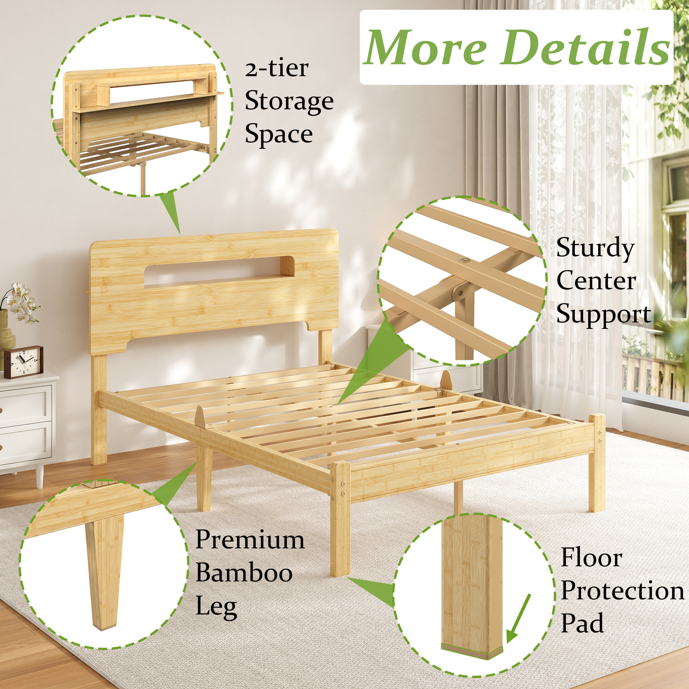 NESLIME 14 inch Full Size Bamboo Bed Frame with Storage Headboard, Full Heavy Duty Bed Frame with Mattress Non-Slip Stoppers, Metal Slats Support, Noise Free, Natural