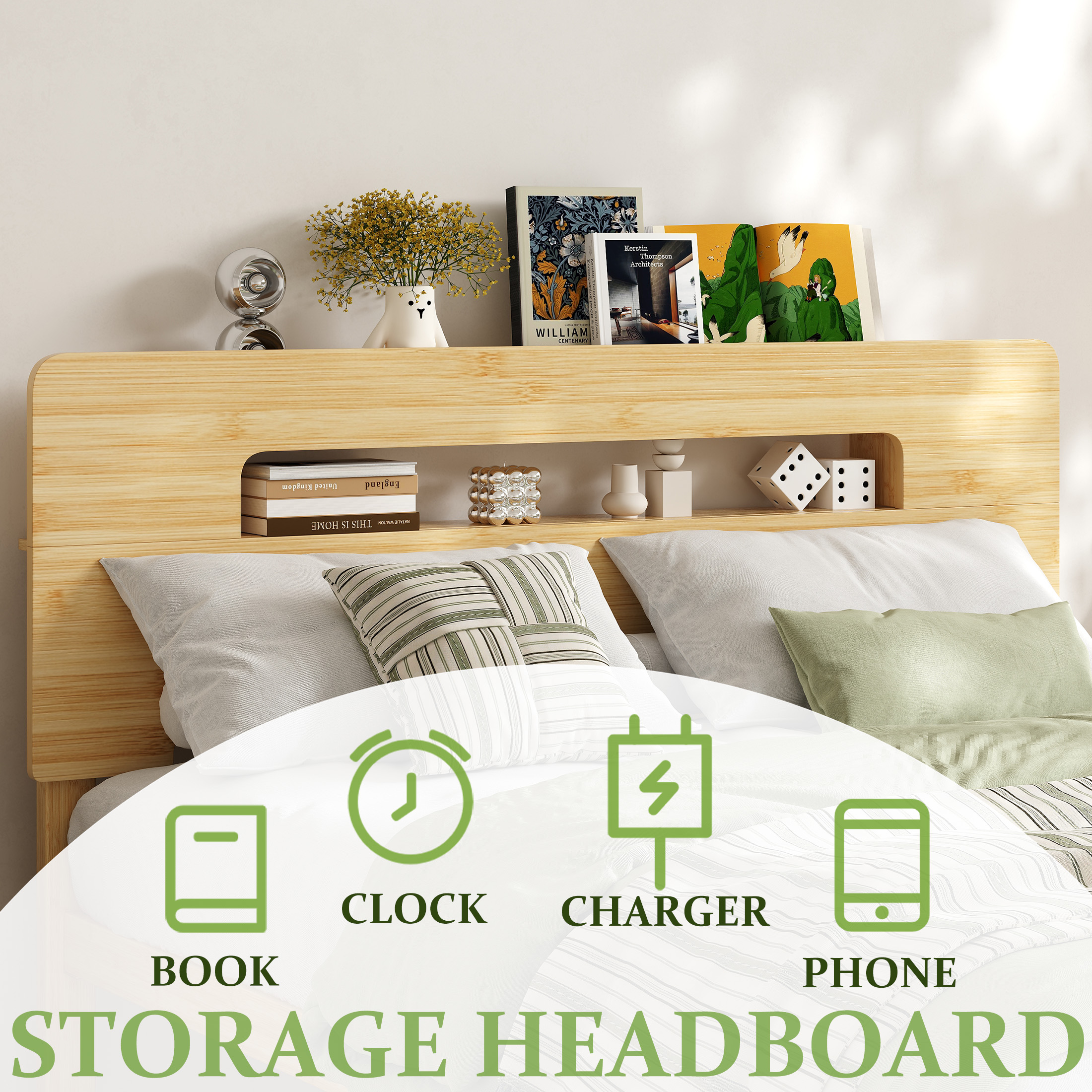 NESLIME 14 inch Full Size Bamboo Bed Frame with Storage Headboard, Full Heavy Duty Bed Frame with Mattress Non-Slip Stoppers, Metal Slats Support, Noise Free, Natural