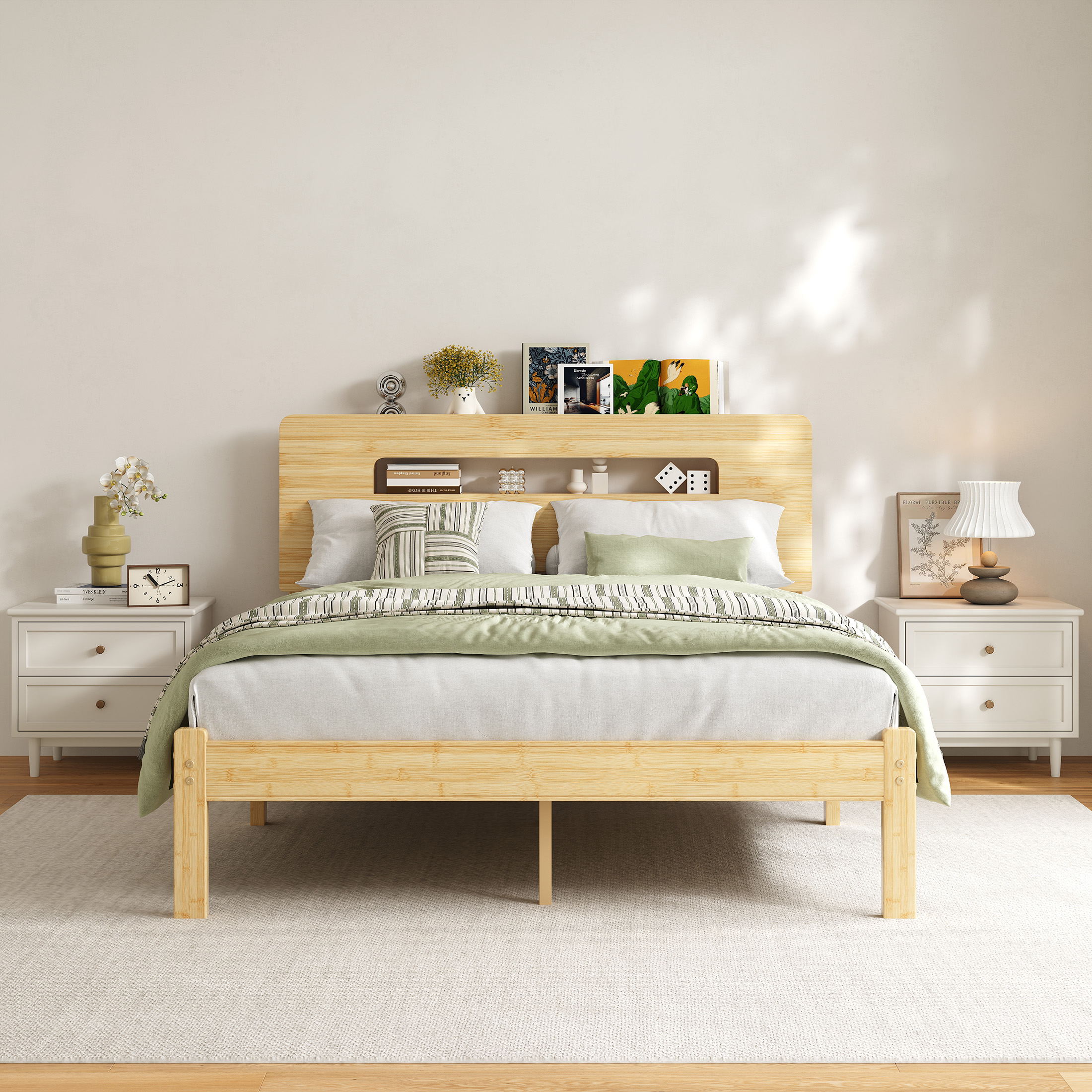 NESLIME 14 inch Full Size Bamboo Bed Frame with Storage Headboard, Full Heavy Duty Bed Frame with Mattress Non-Slip Stoppers, Metal Slats Support, Noise Free, Natural