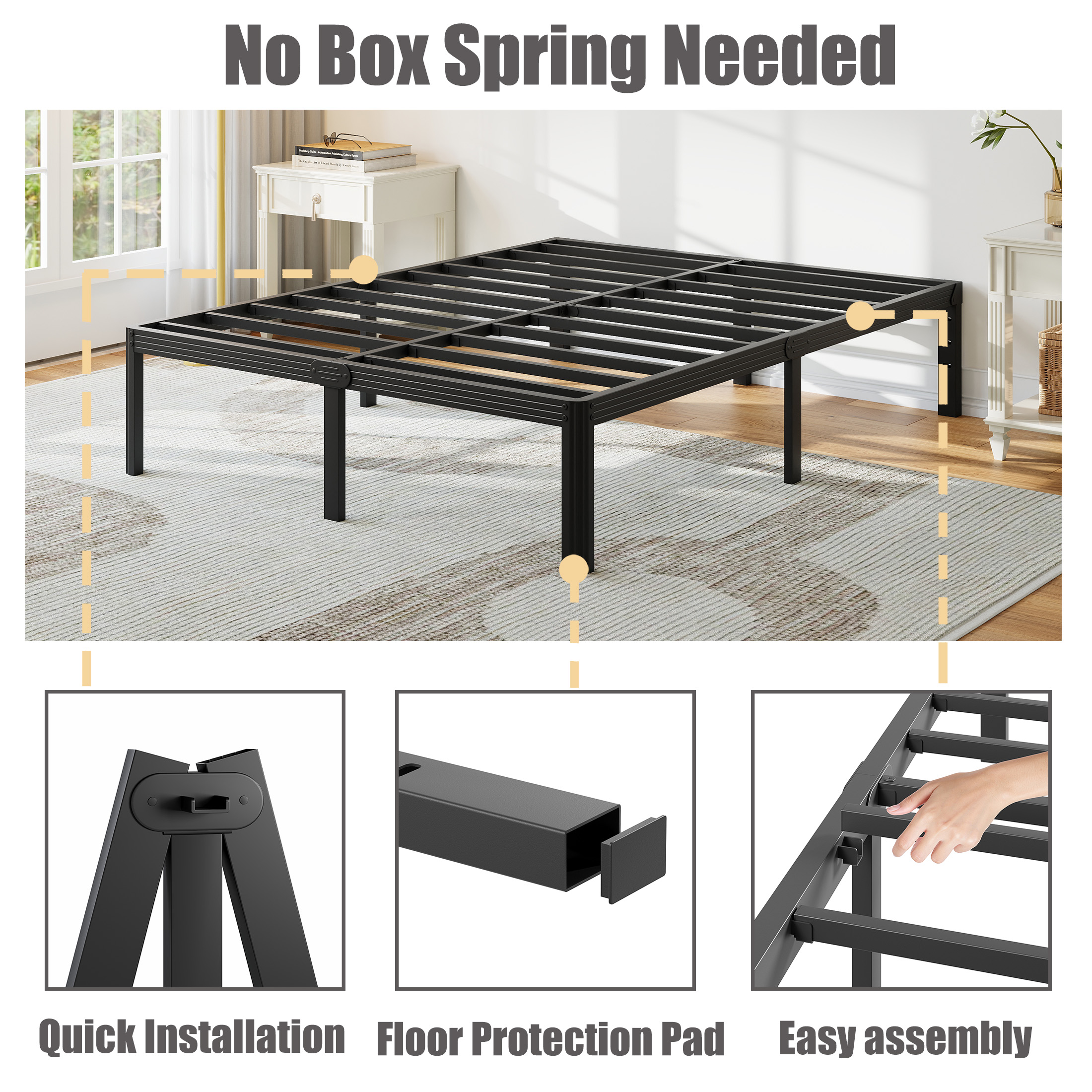 Neslime 16 inch Full Size Metal Platform with Rounded Corners, Heavy Duty Bed Frame, No Box Spring Needed, Black