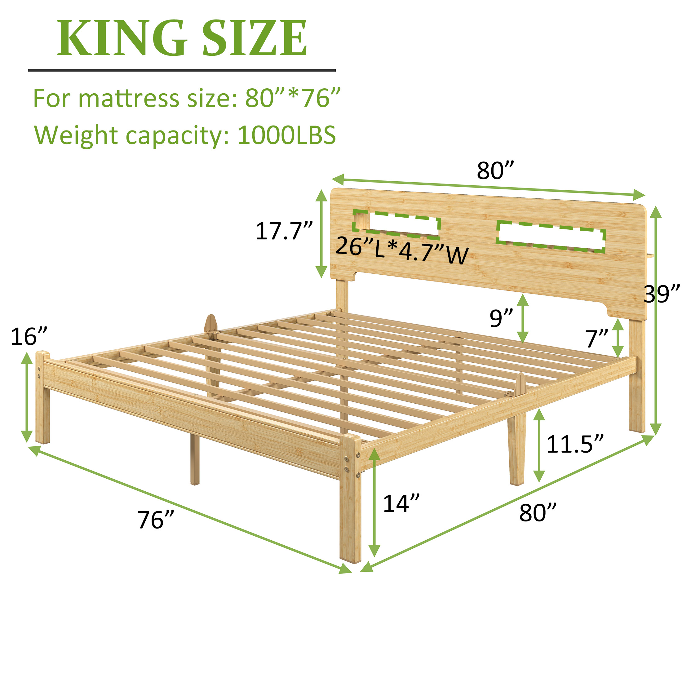 NESLIME 14 inch King Size Bamboo Bed Frame with Storage Headboard, King Heavy Duty Bed Frame with Mattress Non-slip Stoppers, Metal Slats Support, No Box Spring Needed, Noise Free, Natural