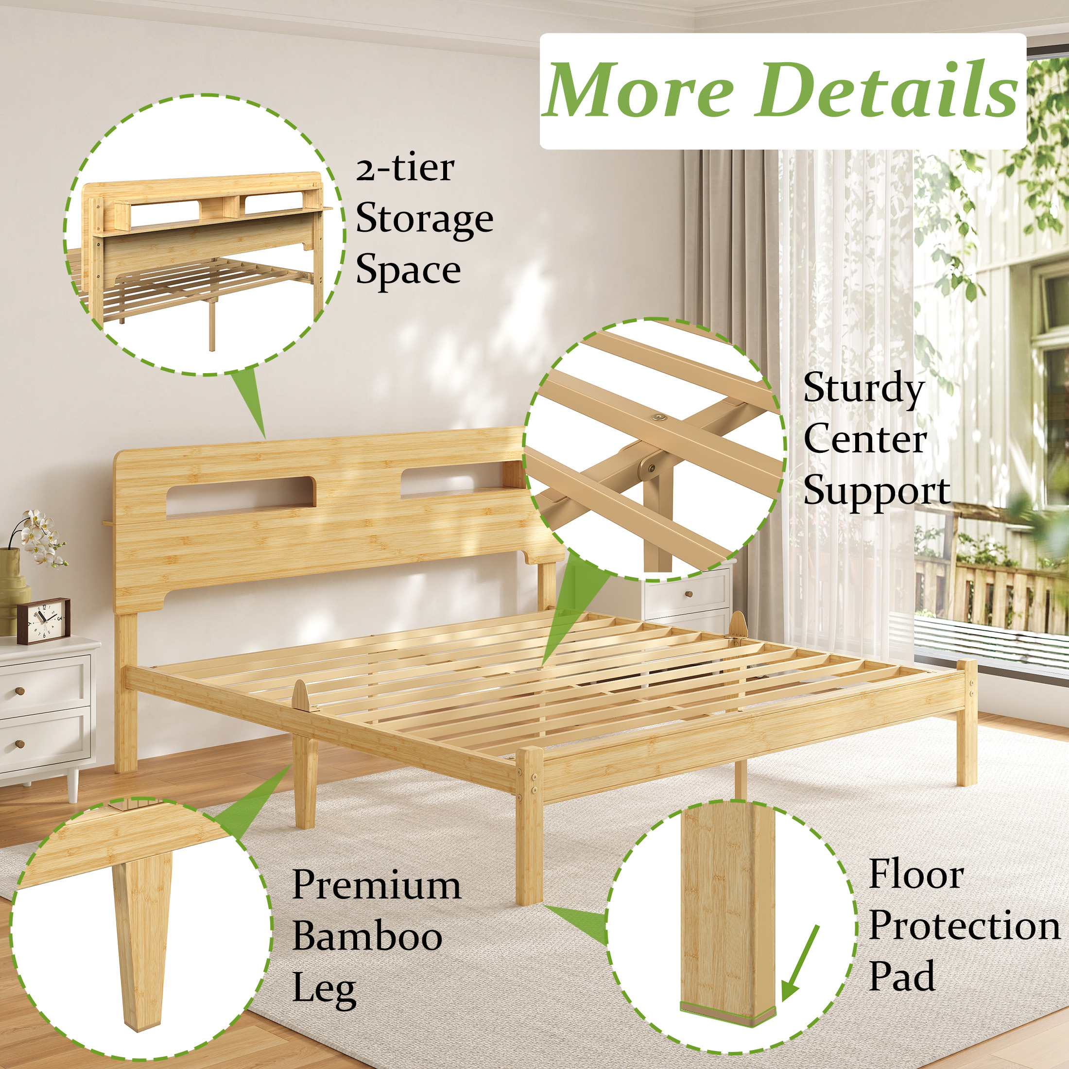 NESLIME 14 inch King Size Bamboo Bed Frame with Storage Headboard, King Heavy Duty Bed Frame with Mattress Non-slip Stoppers, Metal Slats Support, No Box Spring Needed, Noise Free, Natural