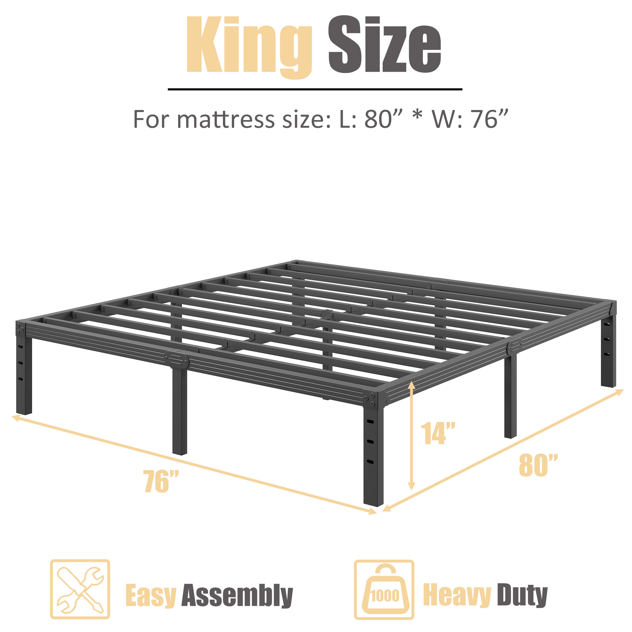 NESLIME 14 inch King Size Heavy Duty Metal Bed Frame, Sturdy Construction, No Box Spring Needed, Easy Assembly