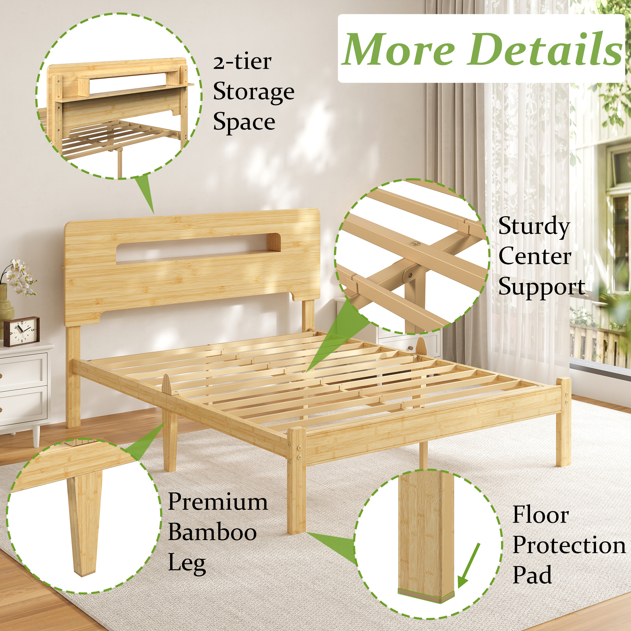 NESLIME 14 inch Queen Size Bamboo Bed Frame with Storage Headboard, Queen Heavy Duty Bed Frame with Mattress Non-slip Stoppers, Metal Slats Support, No Box Spring Needed, Noise Free, Natural