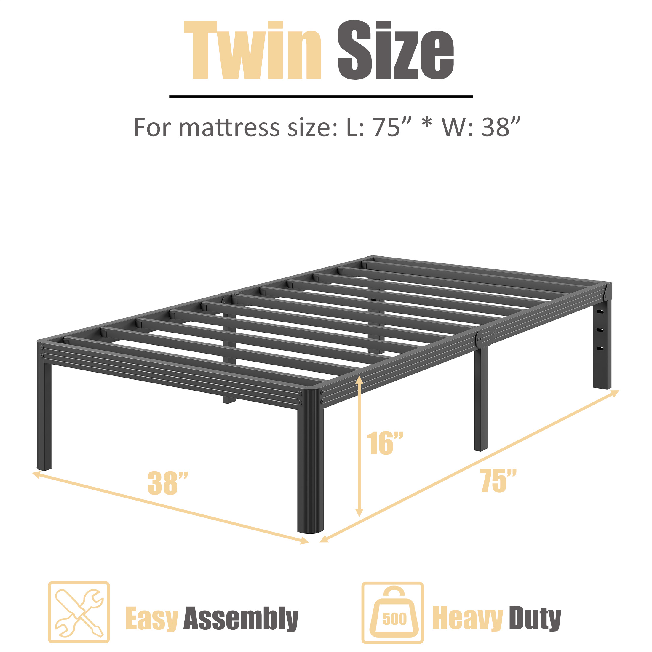 Neslime 16 inch Twin Size Metal Platform with Rounded Corners, Heavy Duty Bed Frame, No Box Spring Needed, Black