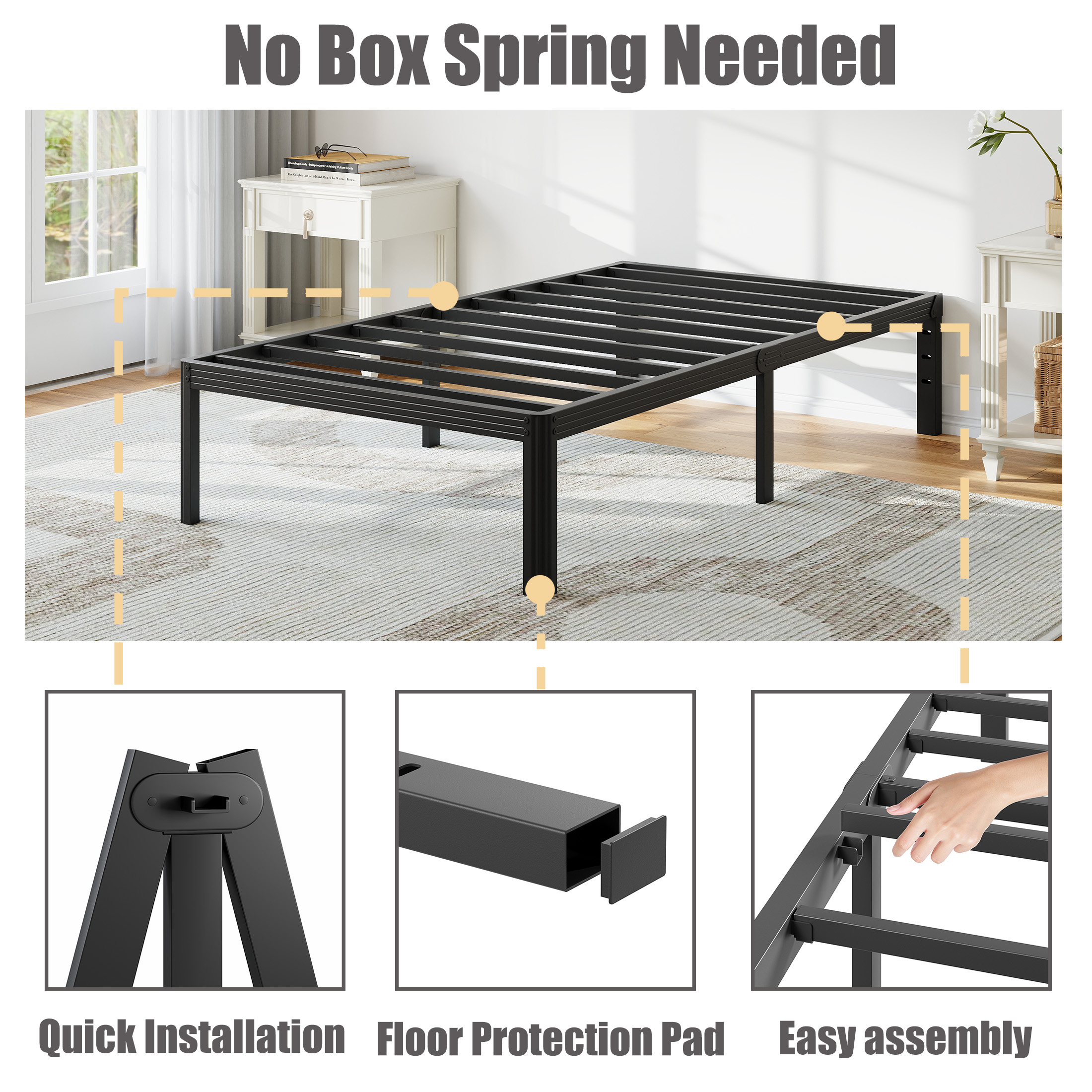 Neslime 16 inch Twin-XL Size Metal Platform with Rounded Corners, Heavy Duty Bed Frame, No Box Spring Needed, Black