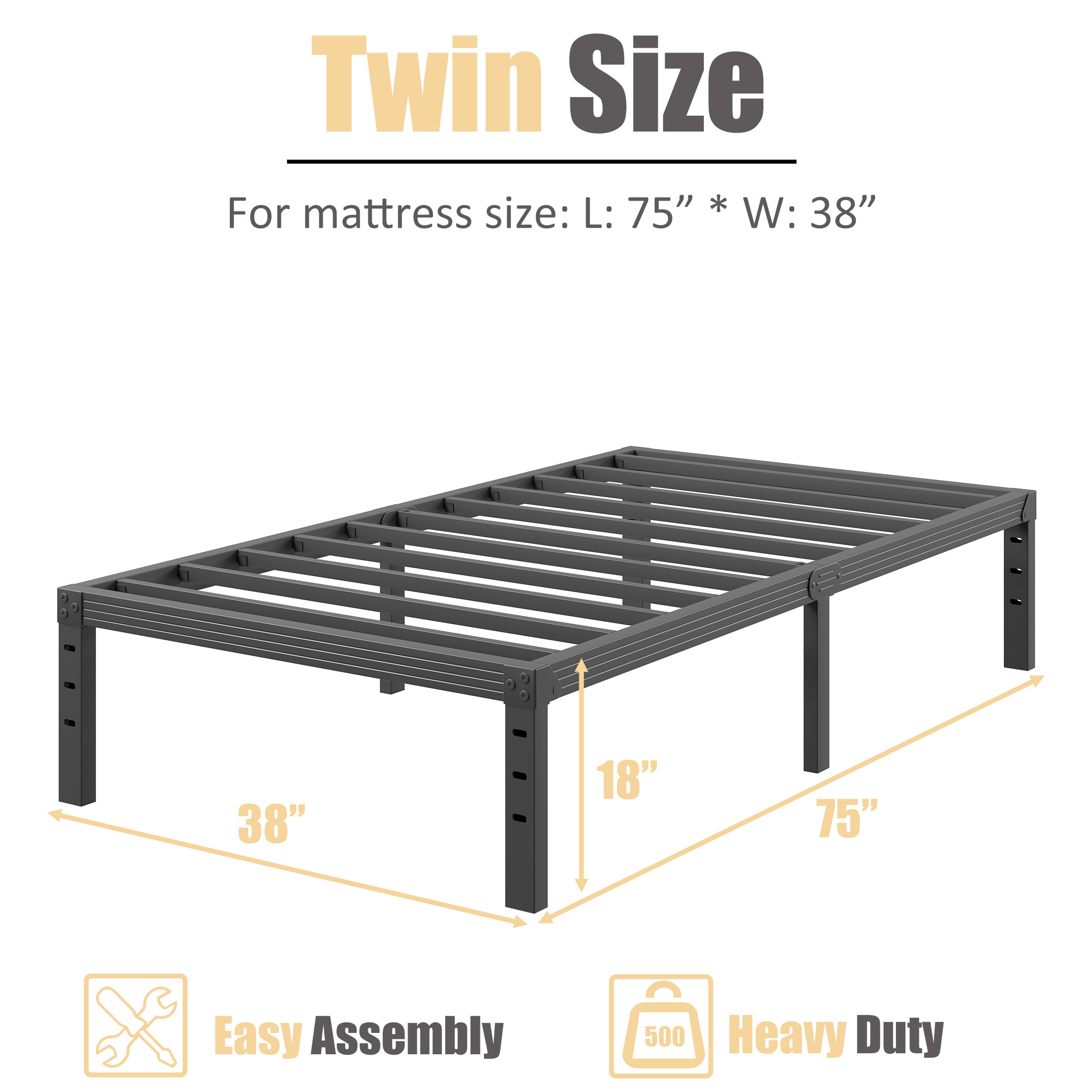 NESLIME 18 inch Twin Size Metal Bed Frame with Ample Storage Space, Heavy Duty Metal Platform, No Box Spring Needed