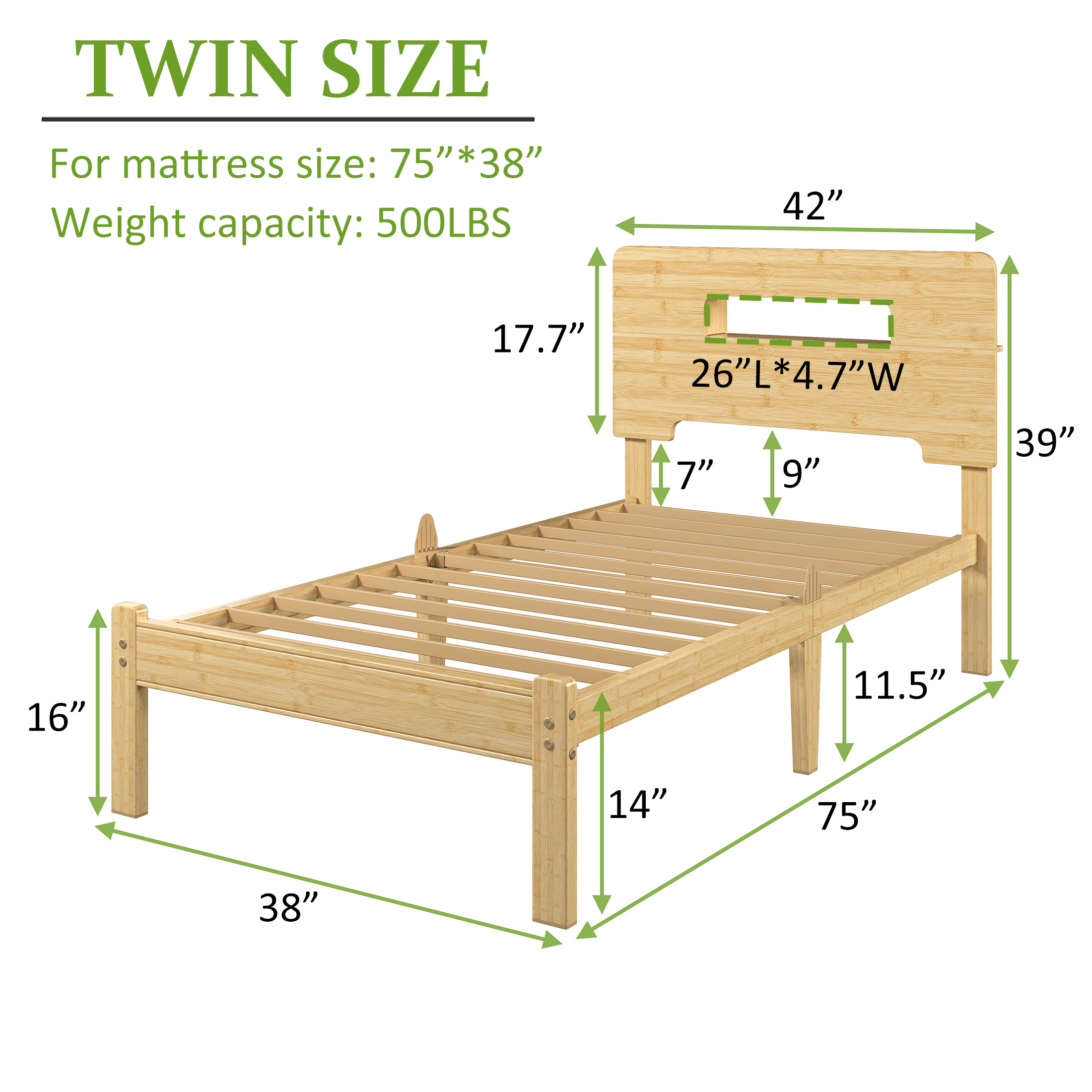 Neslime 14 inch Twin Size Bamboo Bed Frame with Storage Headboard, Twin Heavy Duty Bed Frame with with Mattress Non-slip Stoppers, Metal Slats Support, No Box Spring Needed, Noise Free, Natural
