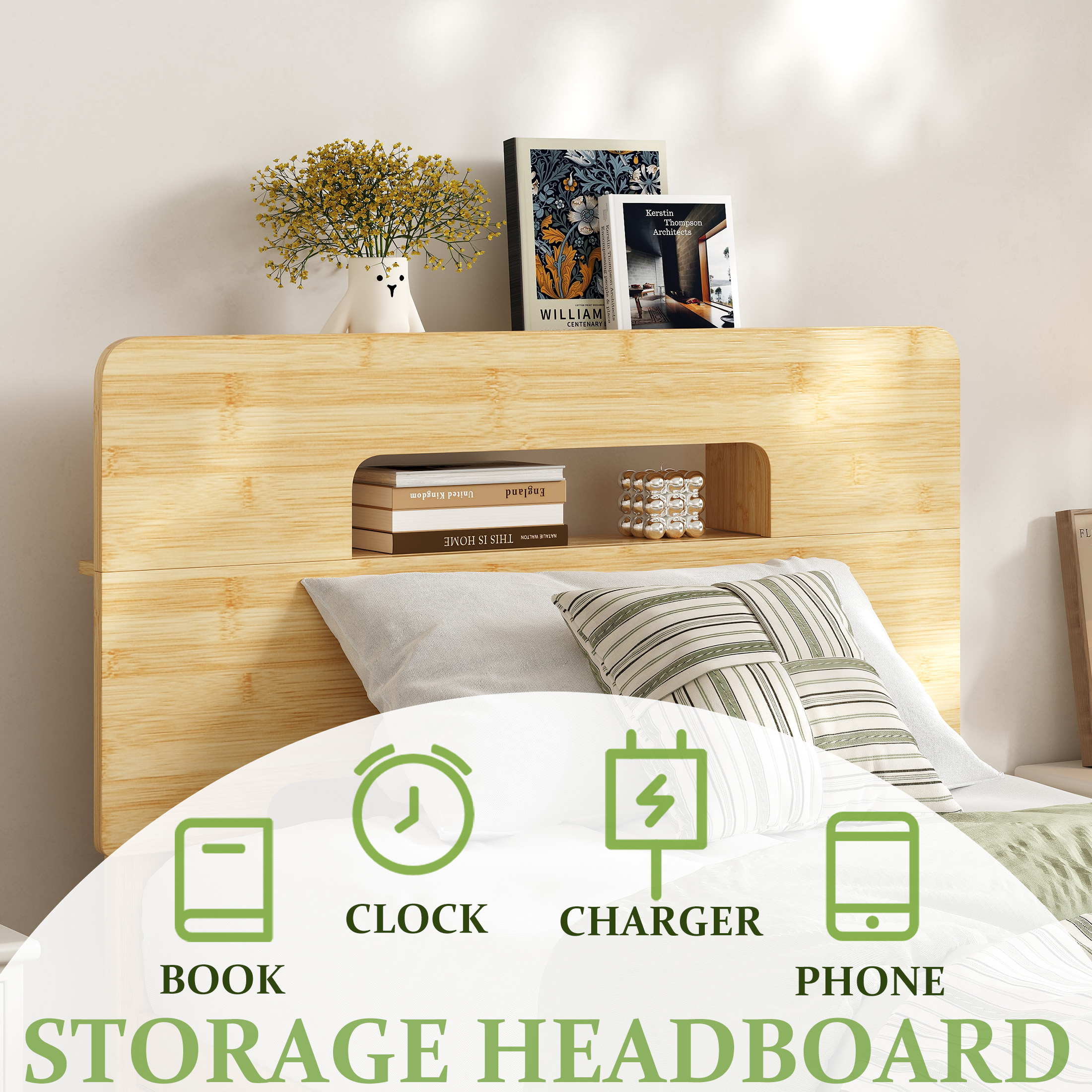 Neslime 14 inch Twin Size Bamboo Bed Frame with Storage Headboard, Twin Heavy Duty Bed Frame with with Mattress Non-slip Stoppers, Metal Slats Support, No Box Spring Needed, Noise Free, Natural