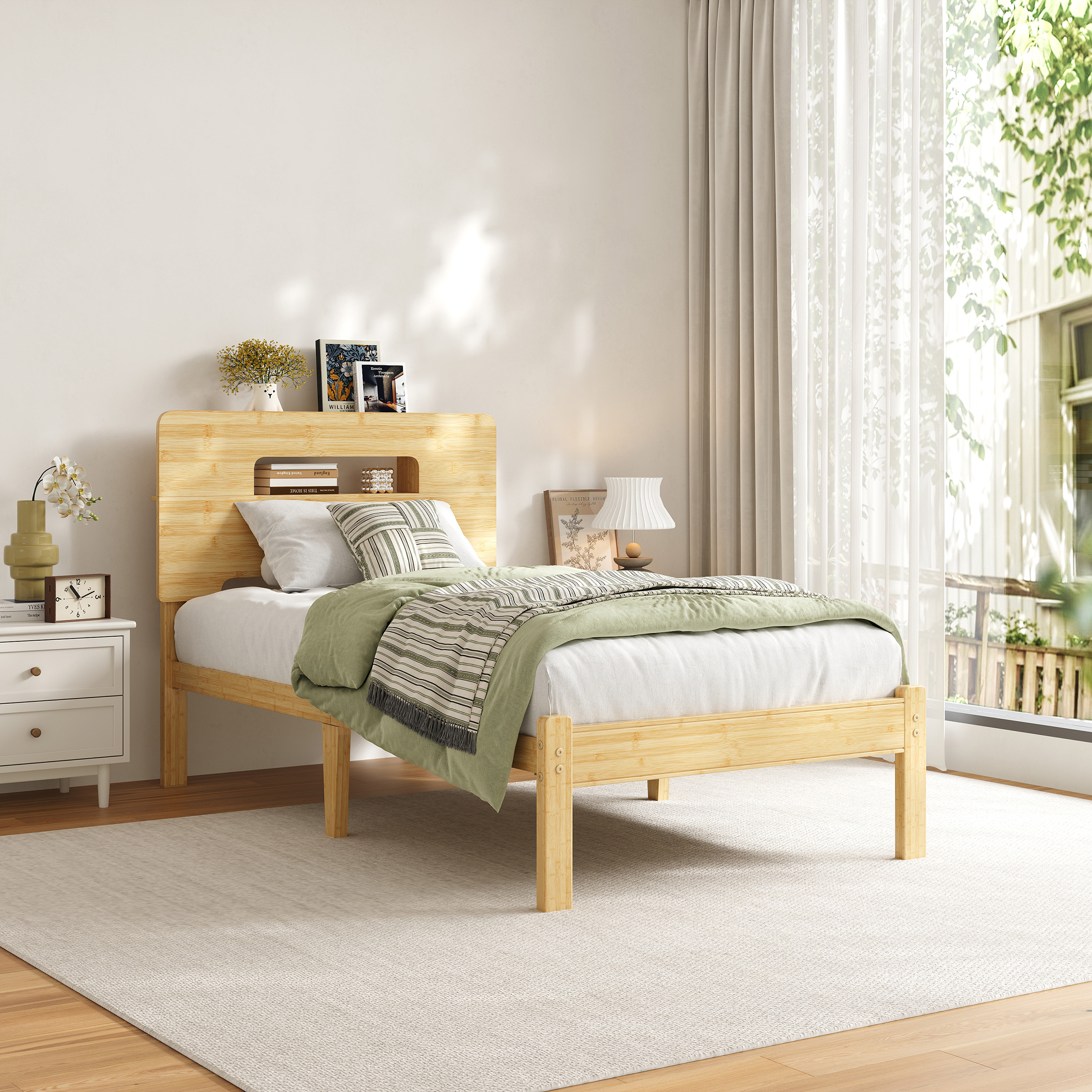 Neslime 14 inch Twin Size Bamboo Bed Frame with Storage Headboard, Twin Heavy Duty Bed Frame with with Mattress Non-slip Stoppers, Metal Slats Support, No Box Spring Needed, Noise Free, Natural