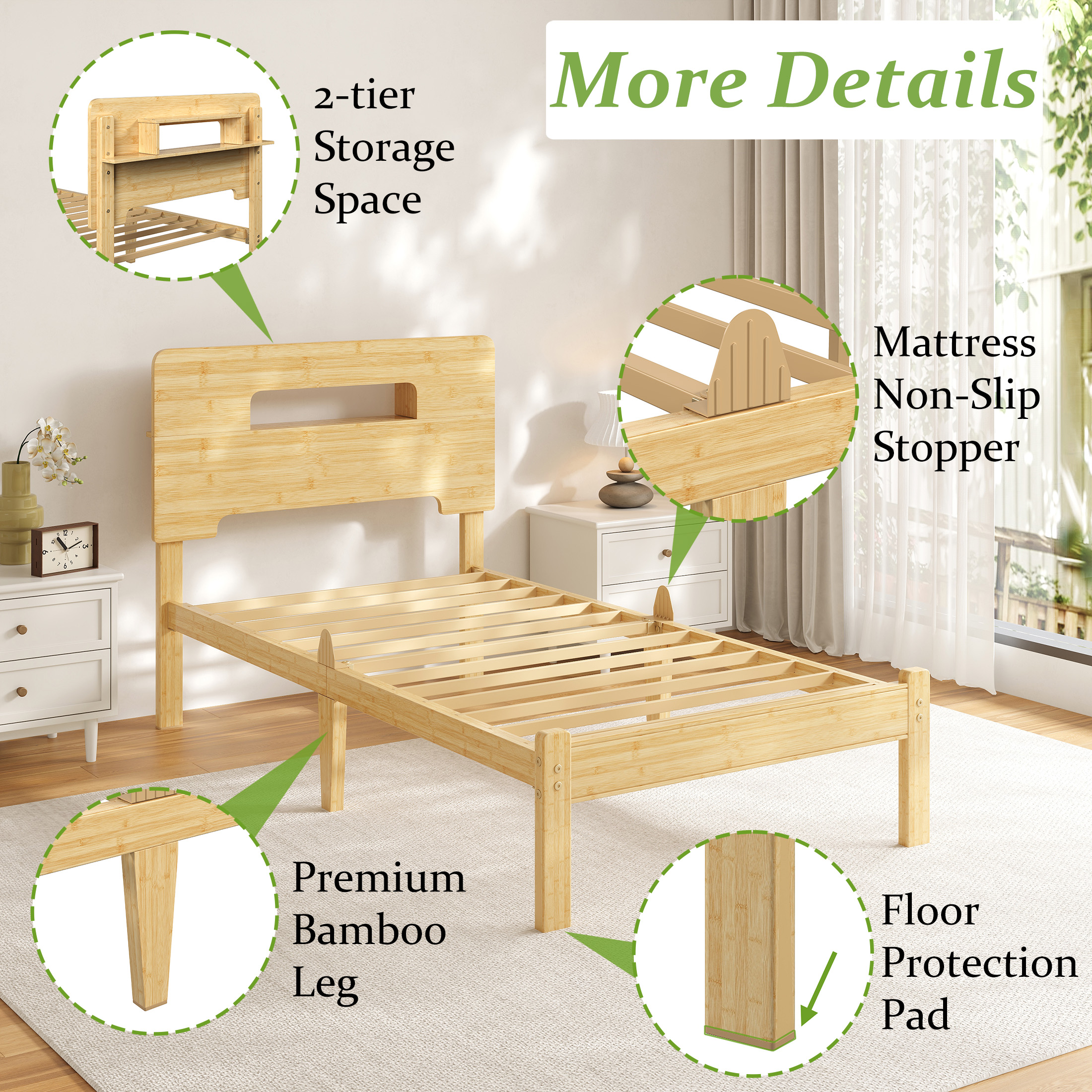 Neslime 14 inch Twin Size Bamboo Bed Frame with Storage Headboard, Twin Heavy Duty Bed Frame with with Mattress Non-slip Stoppers, Metal Slats Support, No Box Spring Needed, Noise Free, Natural