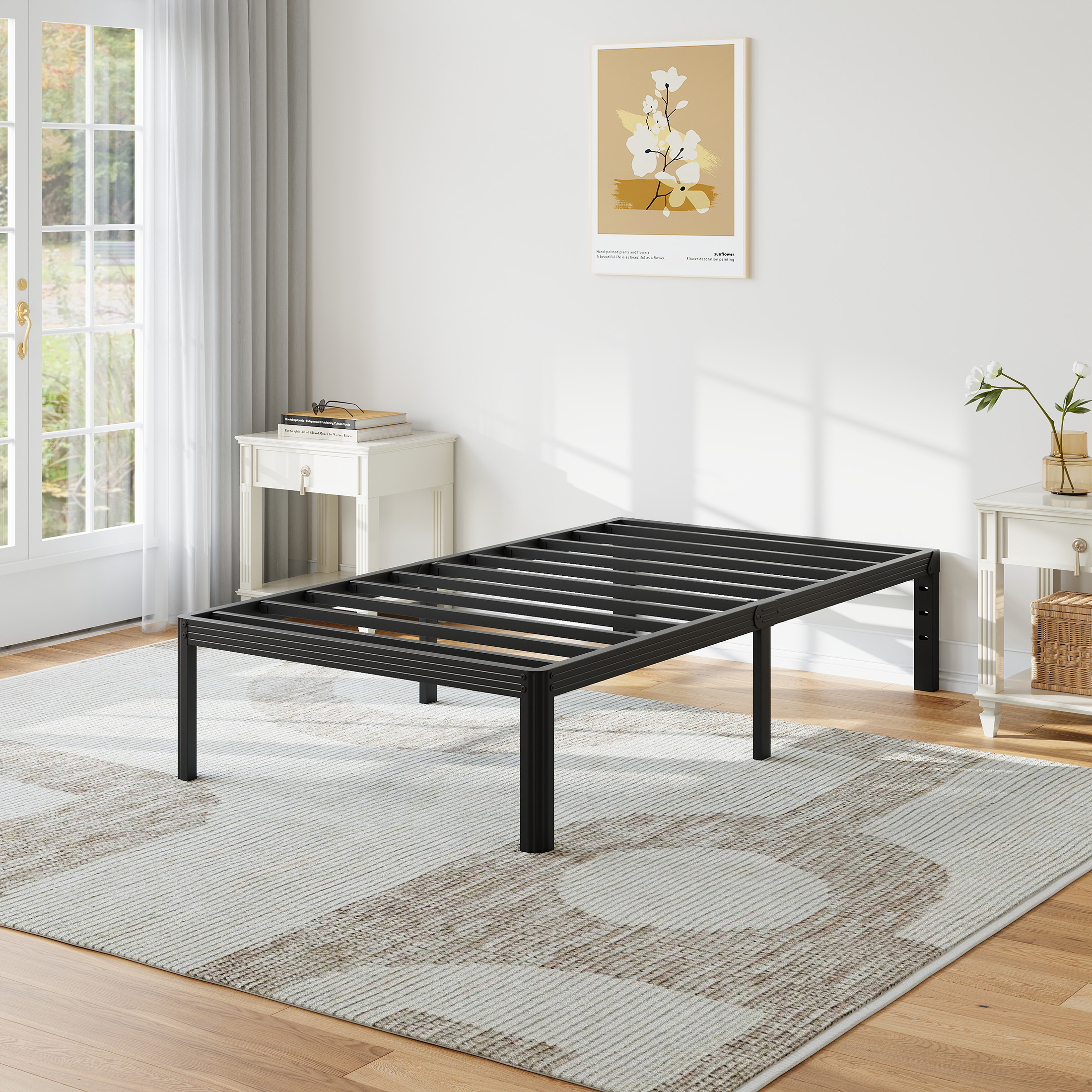 Neslime 16 inch Twin-XL Size Metal Platform with Rounded Corners, Heavy Duty Bed Frame, No Box Spring Needed, Black