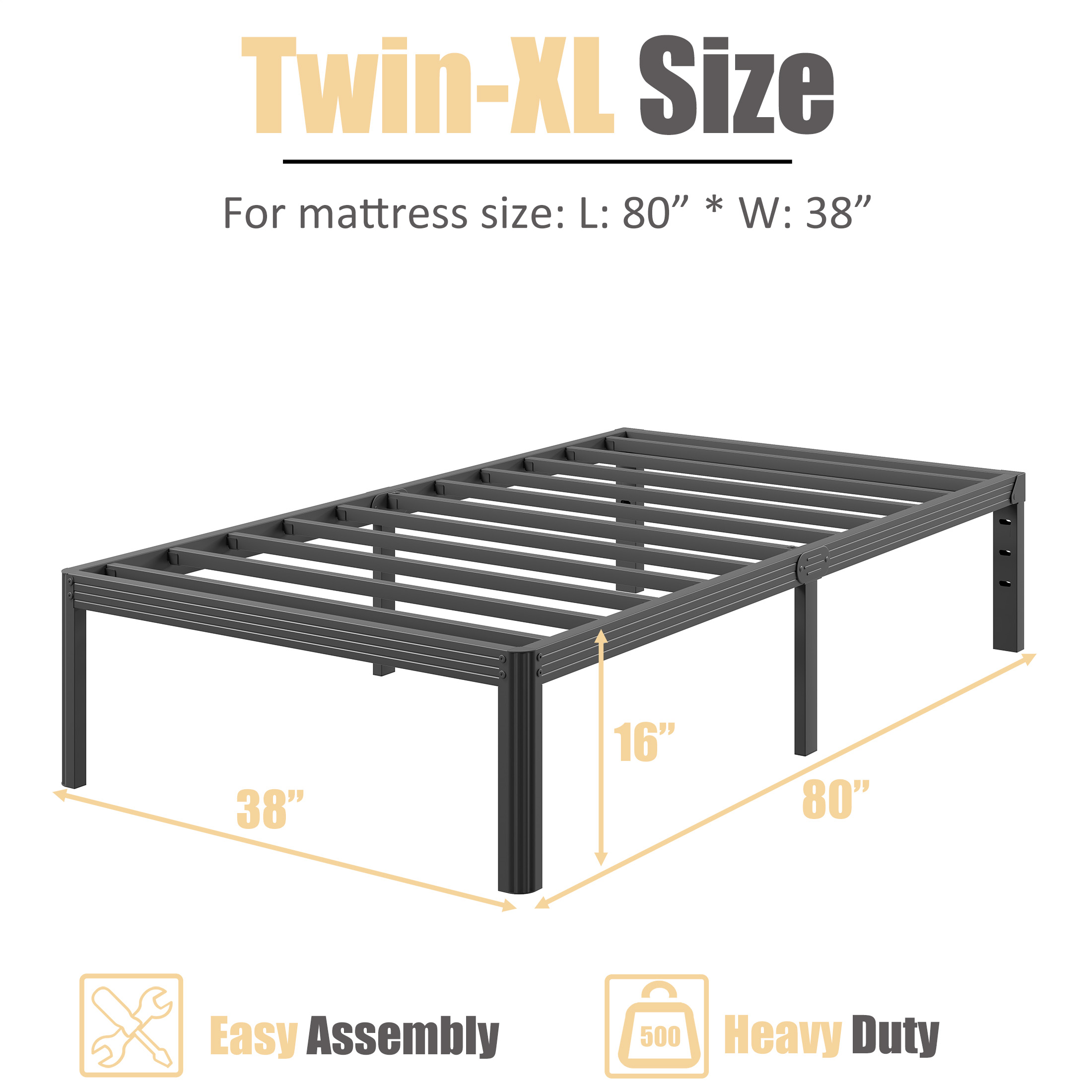 Neslime 16 inch Twin-XL Size Metal Platform with Rounded Corners, Heavy Duty Bed Frame, No Box Spring Needed, Black