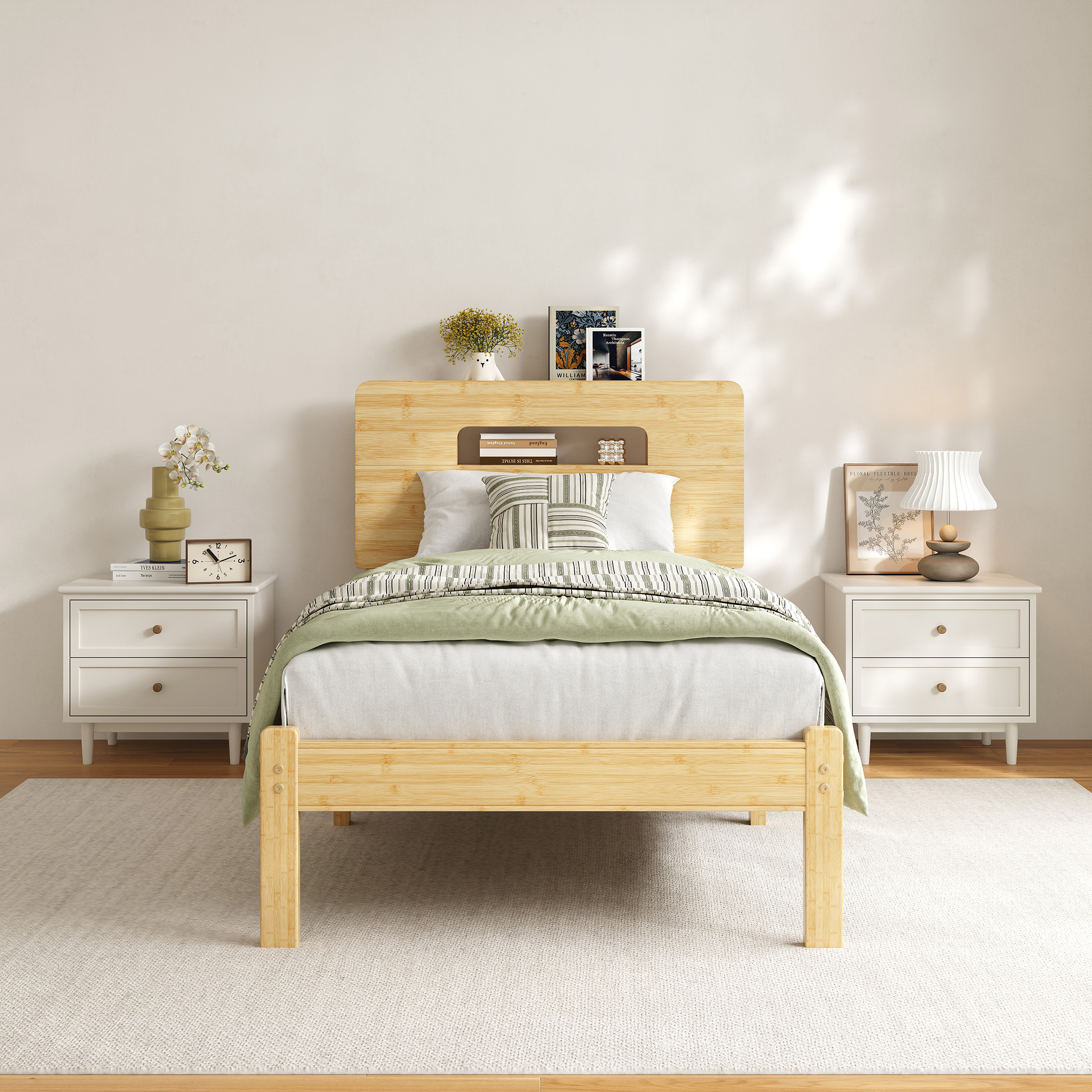 Neslime 14 inch Twin Size Bamboo Bed Frame with Storage Headboard, Twin Heavy Duty Bed Frame with with Mattress Non-slip Stoppers, Metal Slats Support, No Box Spring Needed, Noise Free, Natural