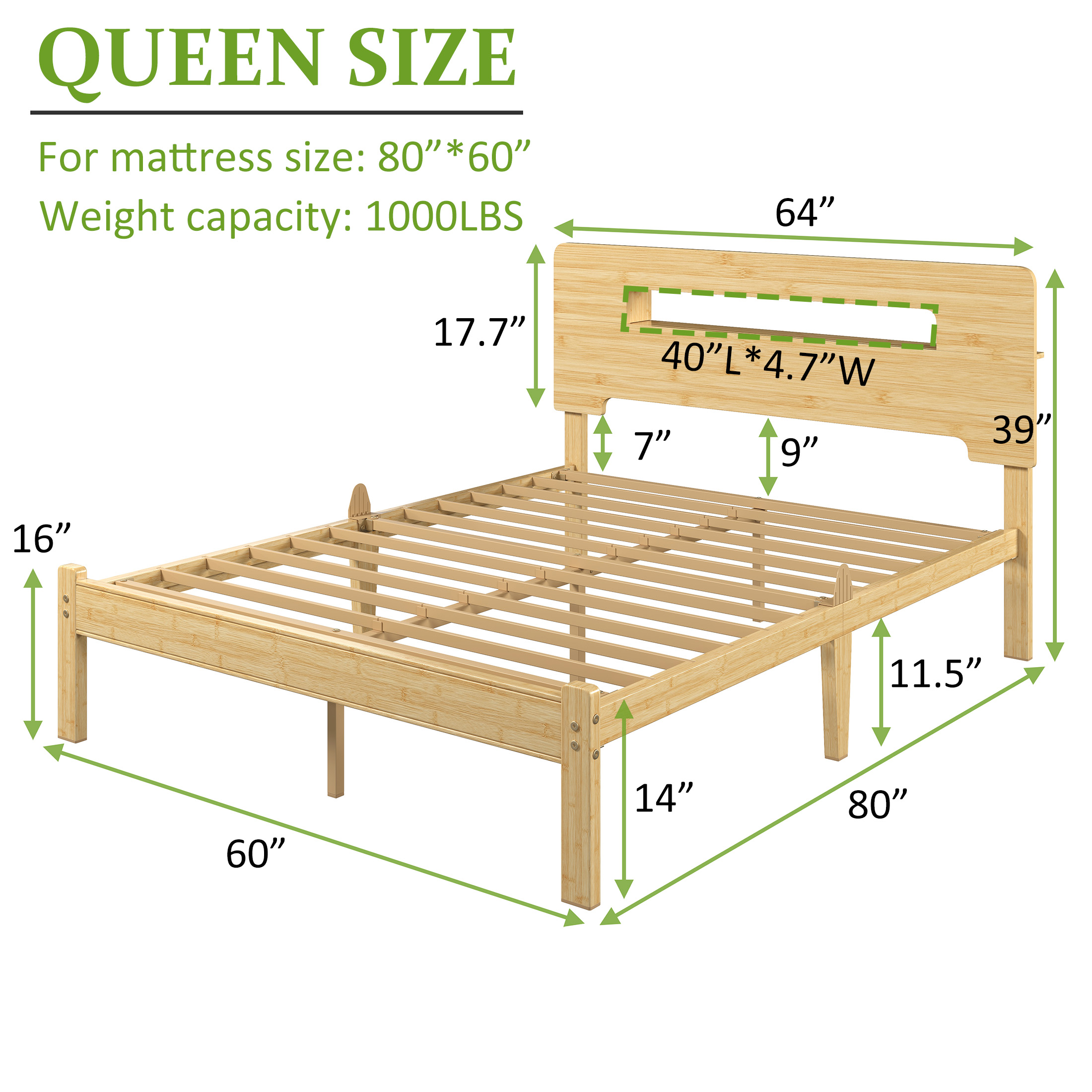 NESLIME 14 inch Queen Size Bamboo Bed Frame with Storage Headboard, Queen Heavy Duty Bed Frame with Mattress Non-slip Stoppers, Metal Slats Support, No Box Spring Needed, Noise Free, Natural