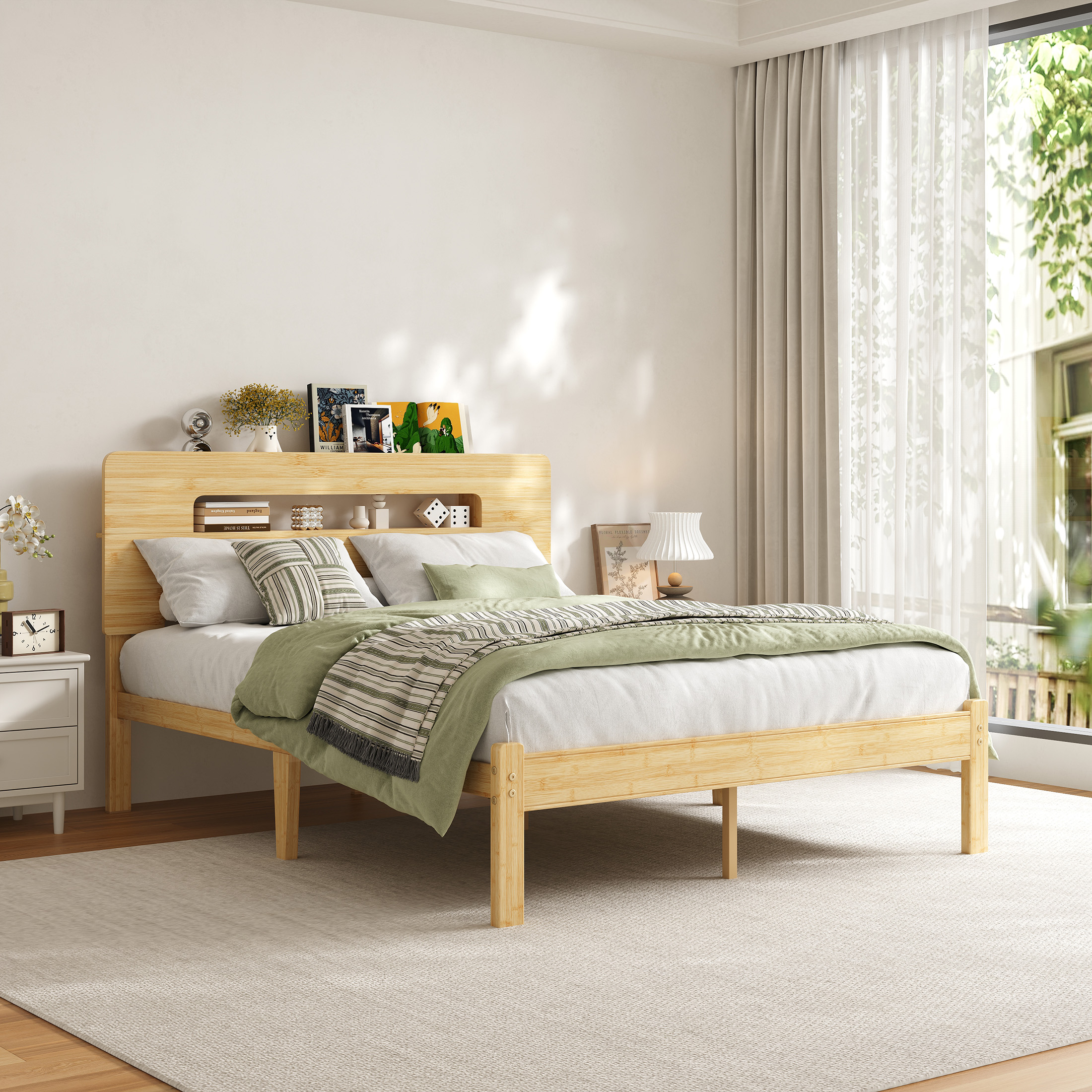 NESLIME 14 inch Full Size Bamboo Bed Frame with Storage Headboard, Full Heavy Duty Bed Frame with Mattress Non-Slip Stoppers, Metal Slats Support, Noise Free, Natural