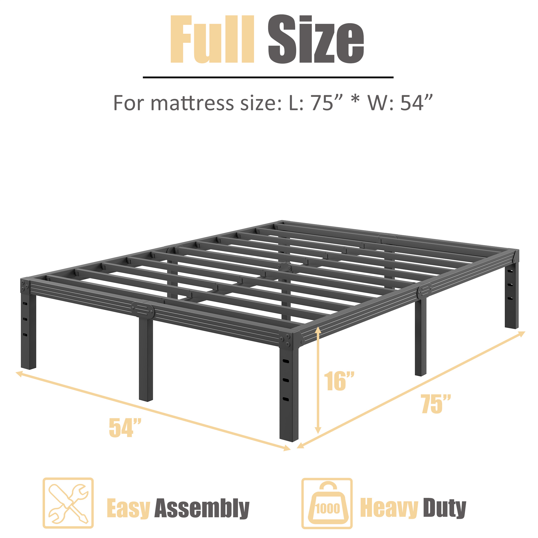 Neslime 16 inch Full Size Metal Platform, Heavy Duty Bed Frame with Ample Storage Space, Easy Assembly, No Box Spring Needed