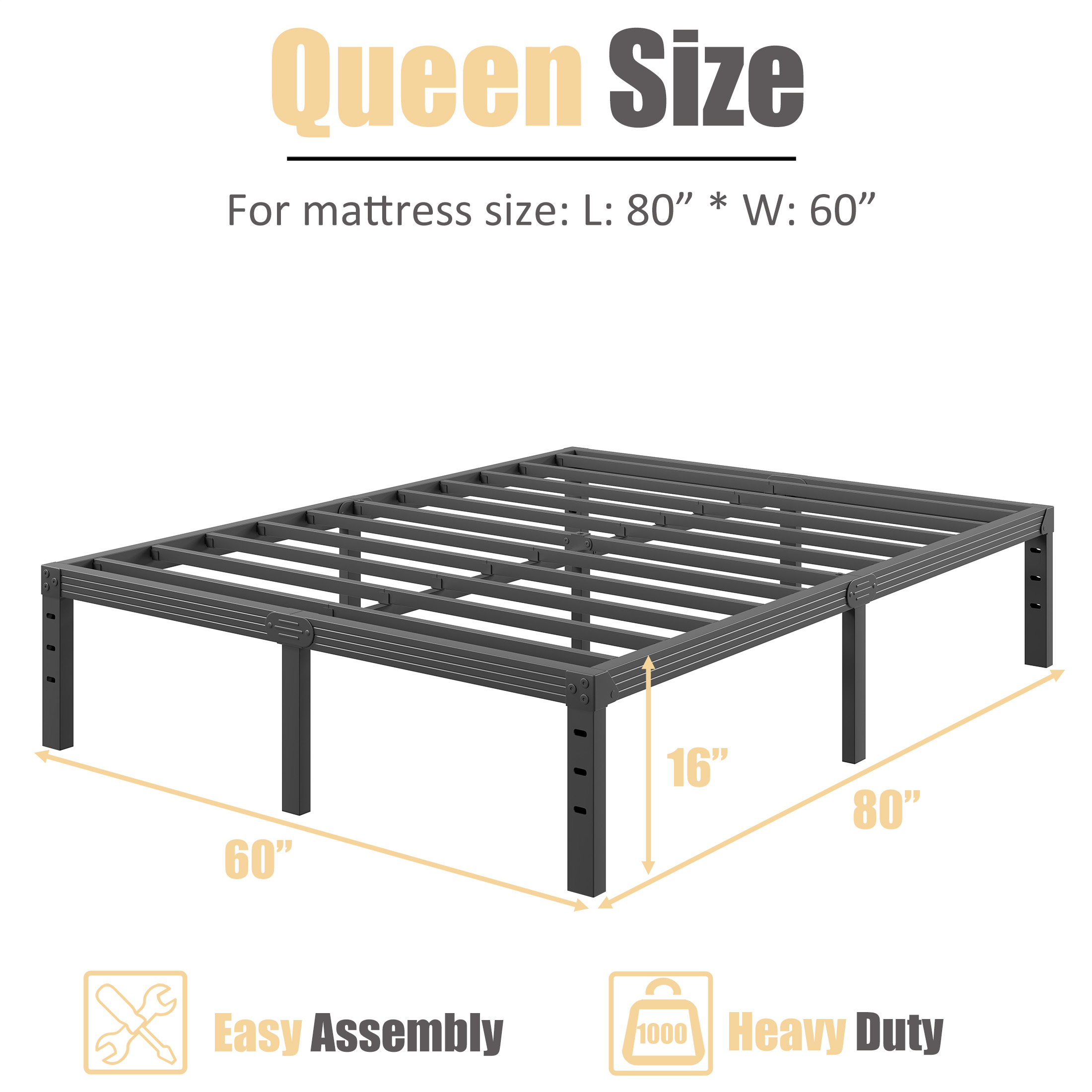 Neslime 16 inch Queen Size Metal Platform, Heavy Duty Bed Frame with Ample Storage Space, Easy Assembly, No Box Spring Needed
