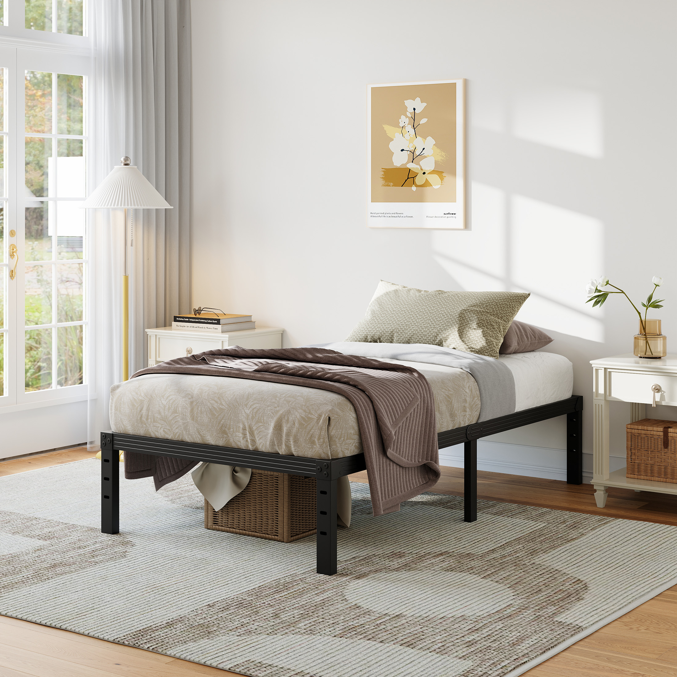 NESLIME 18 inch Twin Size Metal Bed Frame with Ample Storage Space, Heavy Duty Metal Platform, No Box Spring Needed