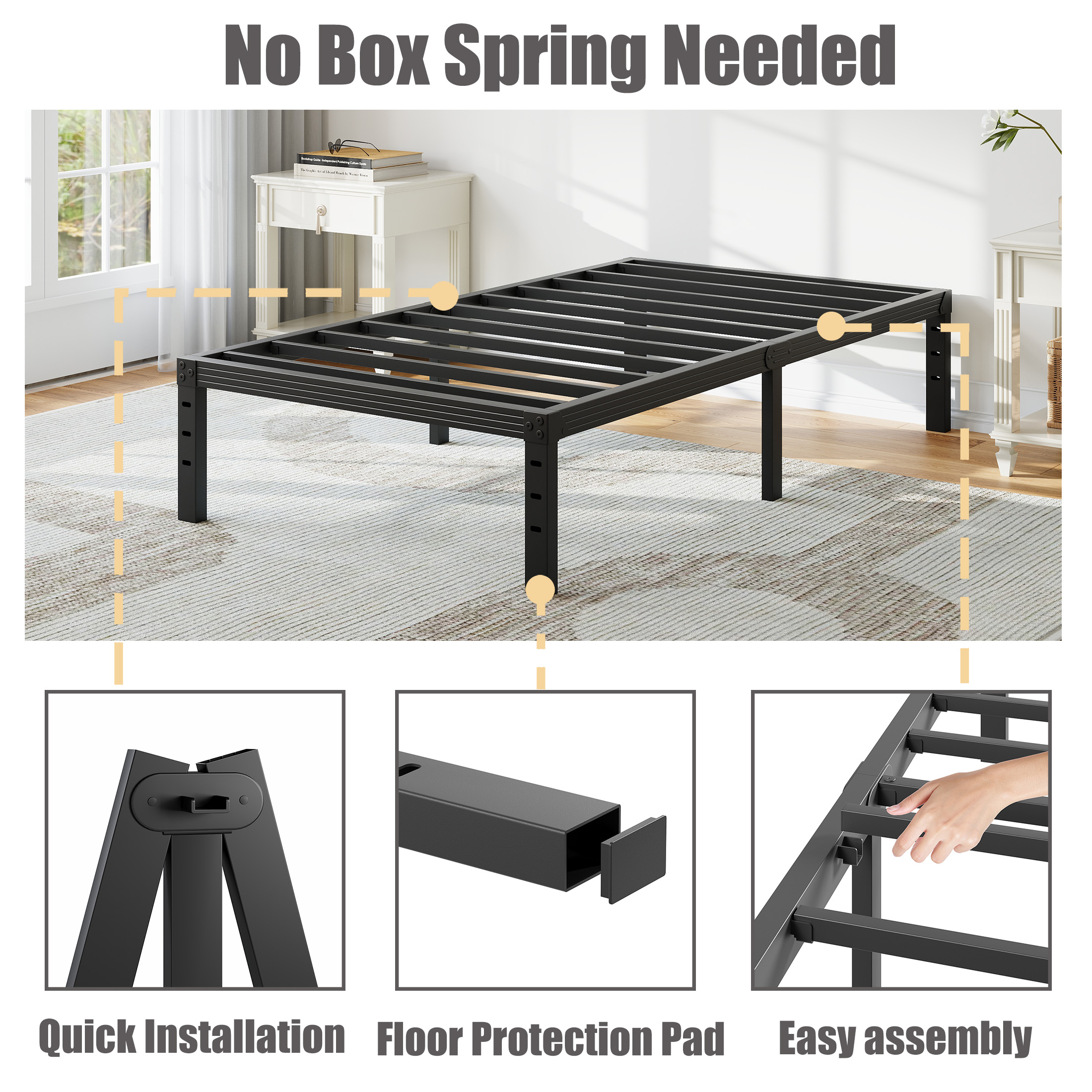 NESLIME 18 inch Twin Size Metal Bed Frame with Ample Storage Space, Heavy Duty Metal Platform, No Box Spring Needed